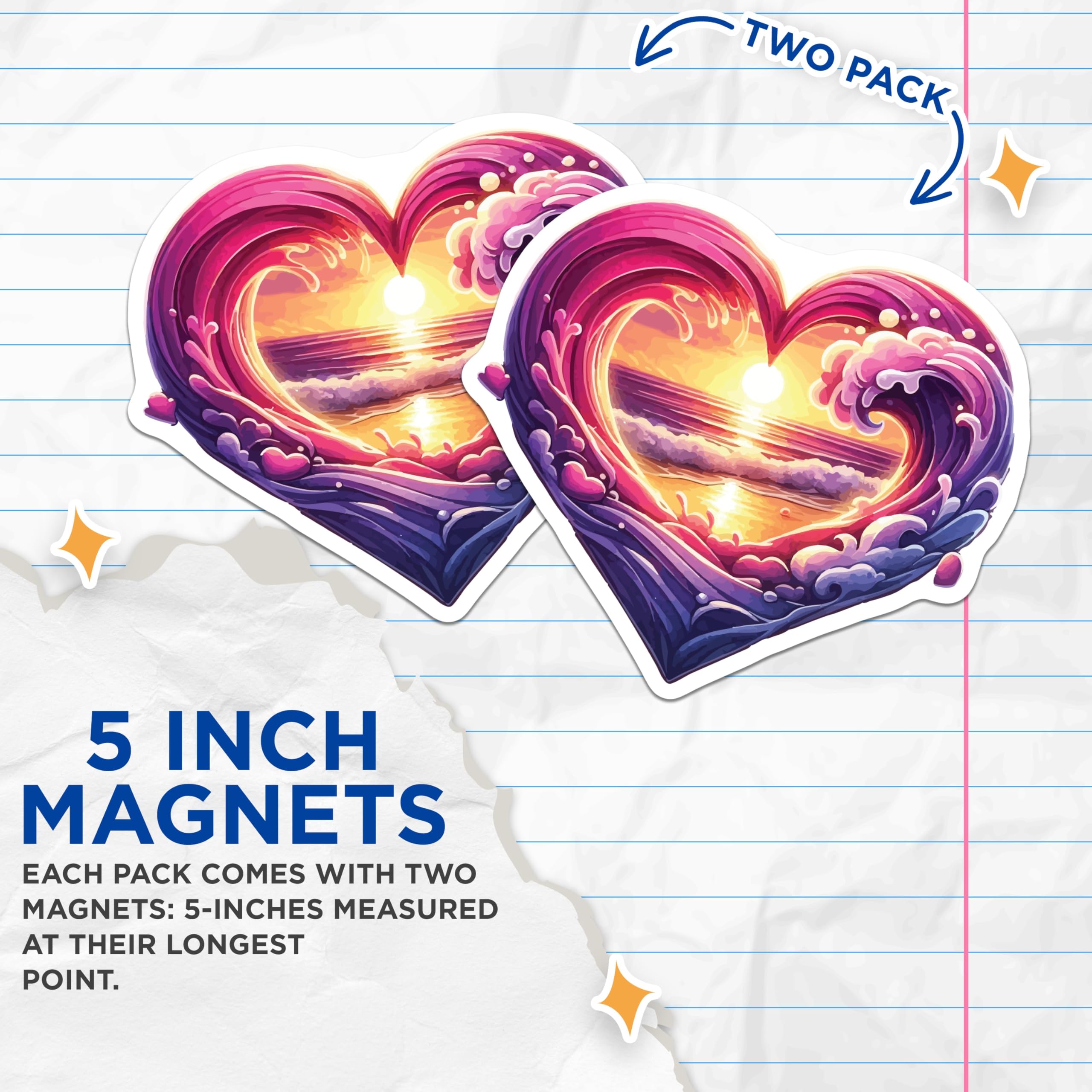 (2 Pack) Heart Ocean Sunset Magnets - Vibrant Beach Waves Art - Tropical Coastal Love Symbol Decor - 5 Inches On Longest Side - Thick Durable Magnet - Made in USA - MAG19533