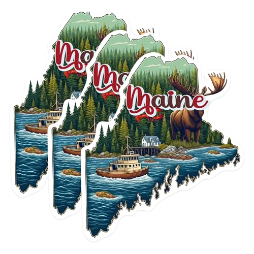 (3 Pack) Maine Decals - State of Maine - Lobster - Moose Laptop Decal - 3 Inches On Longest Side - Easy Peel & Apply - Made in USA - 3MCS0142