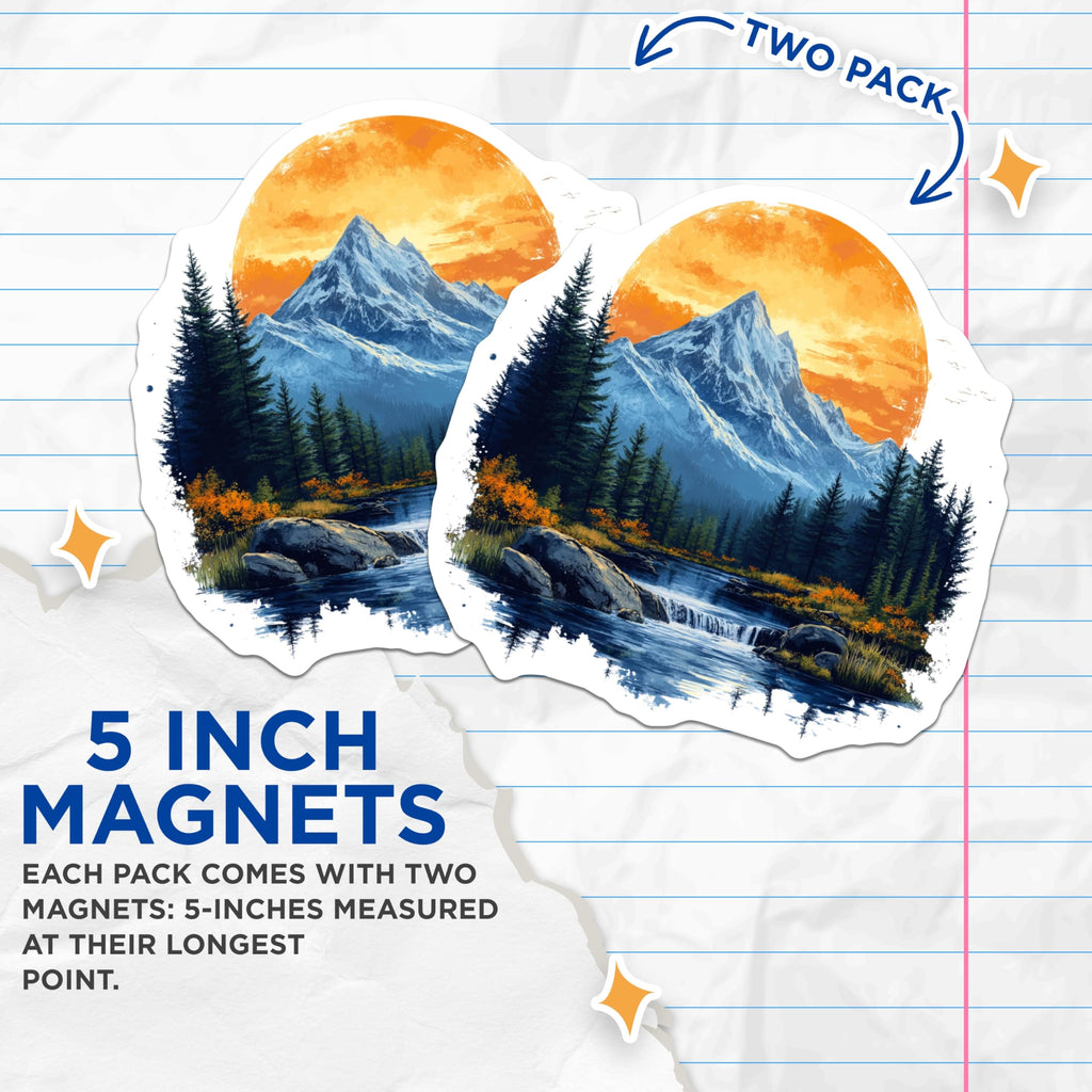 (2 Pack) Alpine Landscape Magnets - Forest River Scene - Celestial Moon Decor - 5 Inches On Longest Side - Thick Durable Magnet - Made in USA - MAG23332