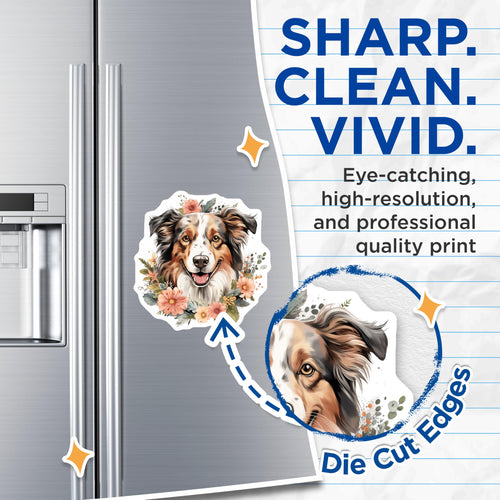 (2 Pack) Australian Shepherd Magnets - Floral Dog Decor - Cottagecore Pet Lover Artwork - 5 Inches On Longest Side - Thick Durable Magnet - Made in USA - MAG28771