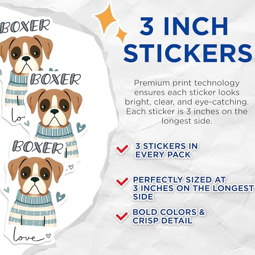 (3 Pack) Boxer Dog Decals - Puppy Love Sticker - Laptop Decal Set - 3 Inches On Longest Side - Easy Peel & Apply - Made in USA - 3MCS6057
