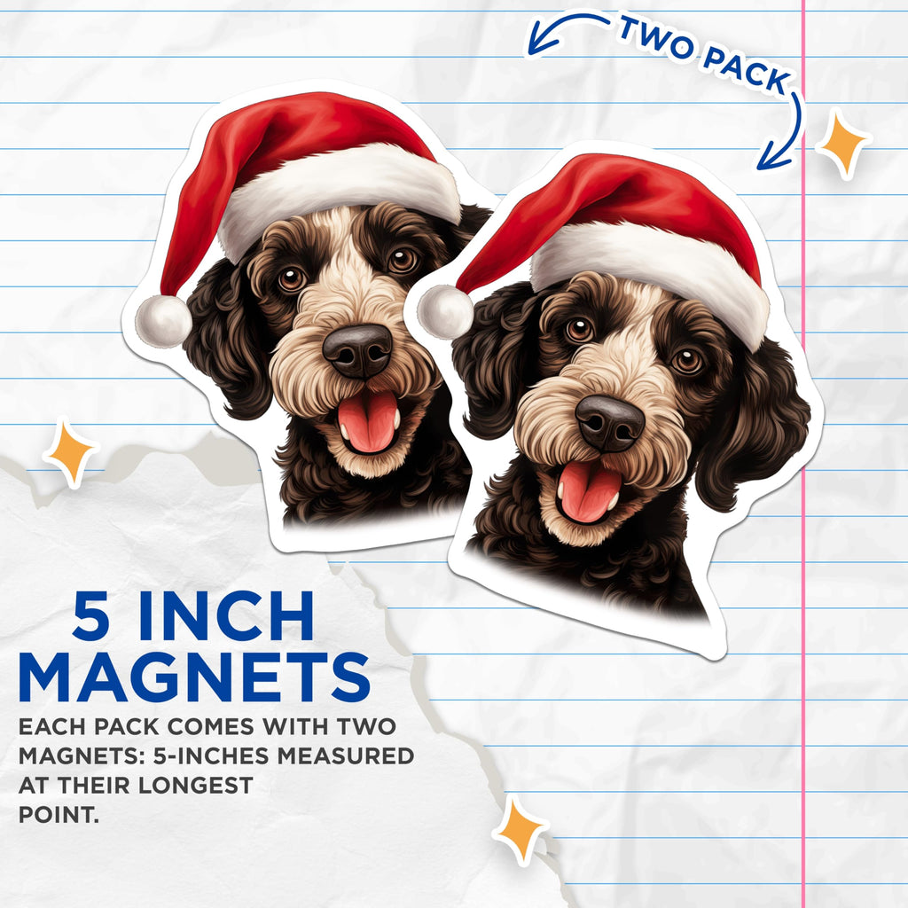 (2 Pack) Christmas Doodle Dog Magnets - Santa Hat Puppy Decor - Festive Pet Lover Refrigerator Accents - 5 Inches On Longest Side - Thick Durable Magnet - Made in USA - MAG30979