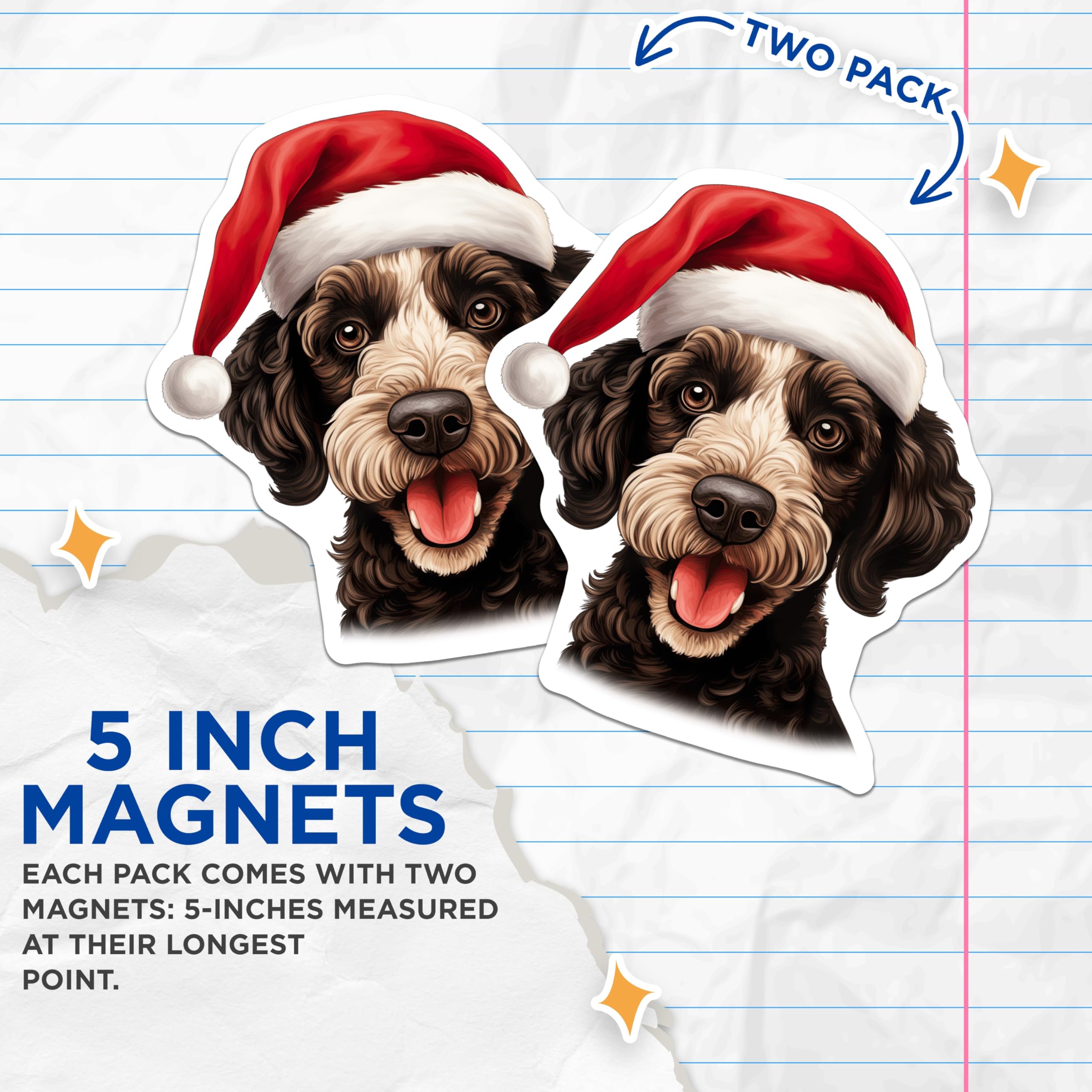 (2 Pack) Christmas Doodle Dog Magnets - Santa Hat Puppy Decor - Festive Pet Lover Refrigerator Accents - 5 Inches On Longest Side - Thick Durable Magnet - Made in USA - MAG30979