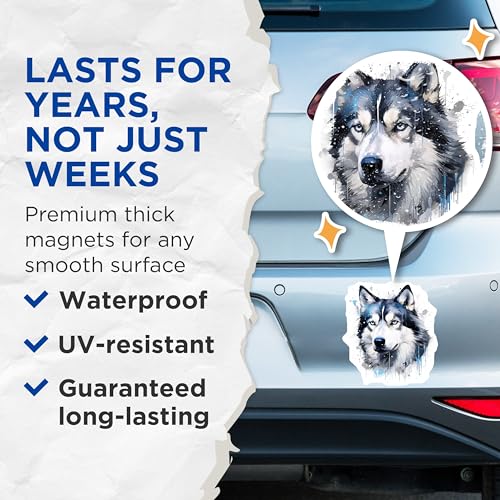(2 Pack) Watercolor Husky Magnets - Majestic Wolf Art - Blue Eyed Dog Lover Decor - 5 Inches On Longest Side - Thick Durable Magnet - Made in USA - MAG29191