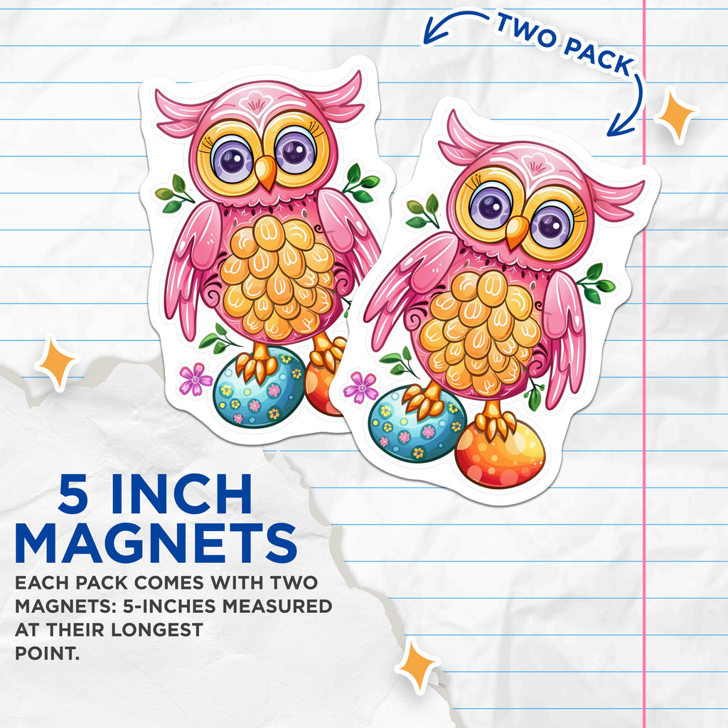 (2 Pack) Cute Easter Owl Magnets - Spring Animal Refrigerator Decor - Whimsical Nursery Locker Decor - 5 Inches On Longest Side - Thick Durable Magnet - Made in USA - MAG37531