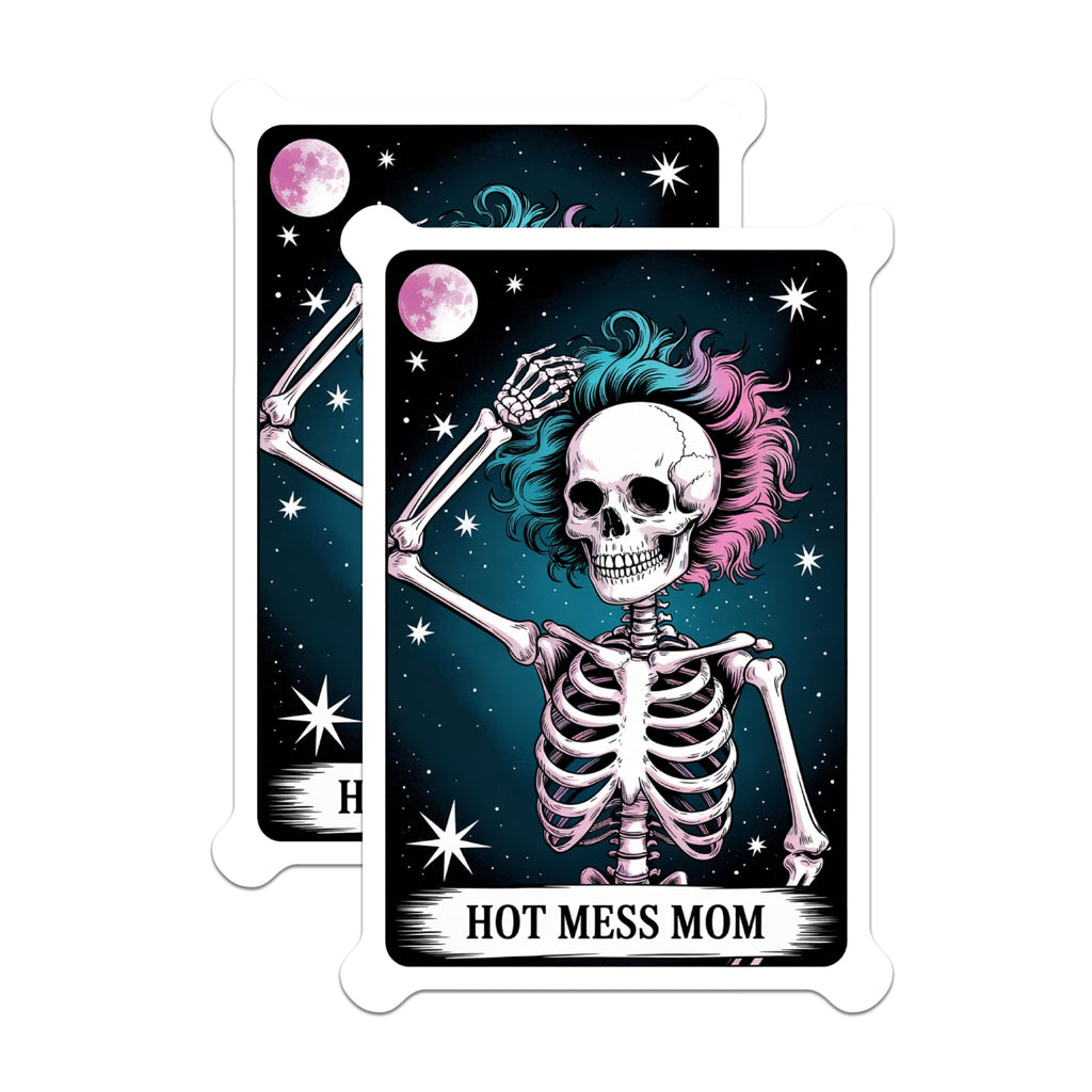 (2 Pack) Hot Mess Mom Magnets - Skeleton with Vibrant Teal Pink Hair - Funny Sarcastic Mom Life Quote - Cosmic Stars Decor - 5 Inches On Longest Side - Thick Durable Magnet - Made in USA - MAG22882