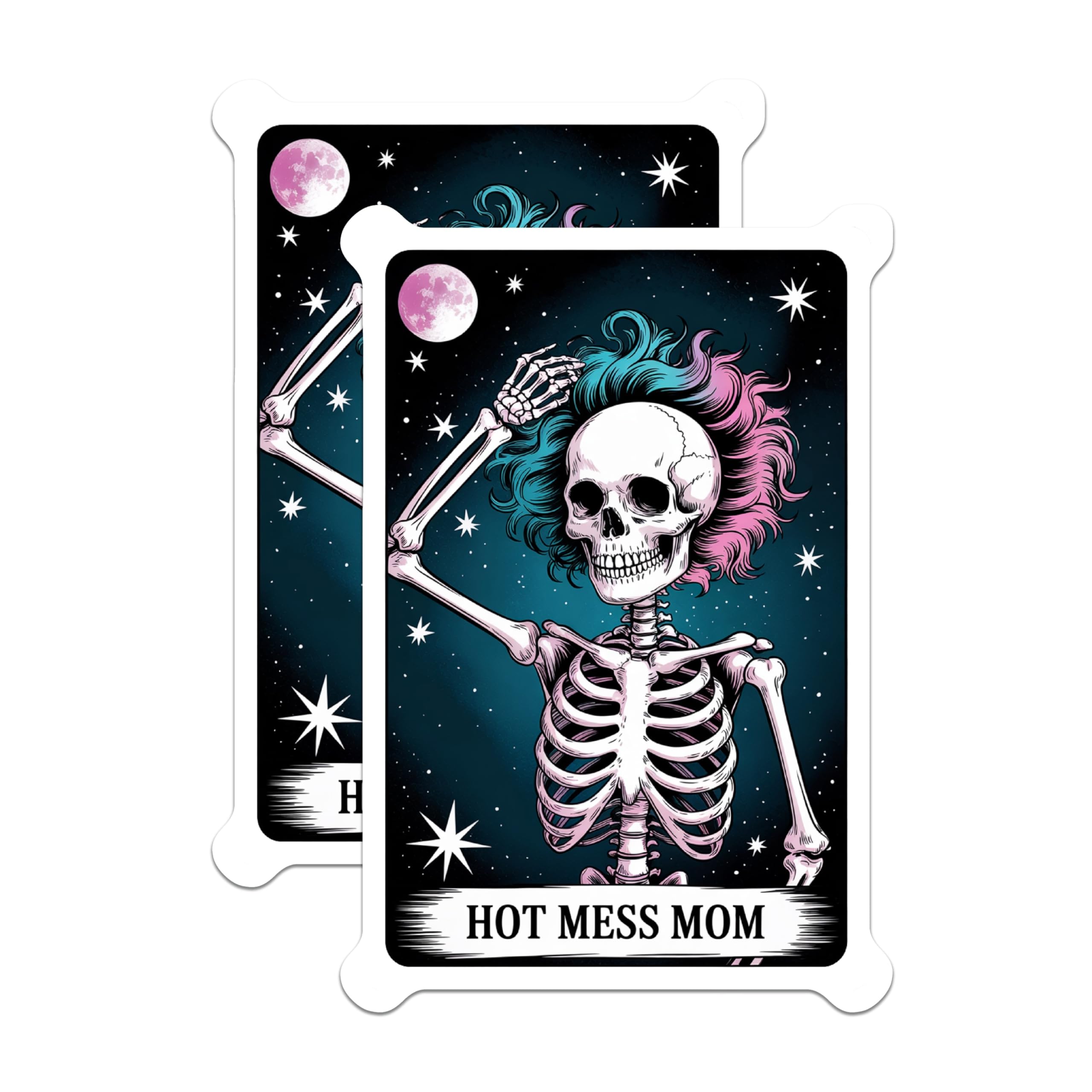 (2 Pack) Hot Mess Mom Magnets - Skeleton with Vibrant Teal Pink Hair - Funny Sarcastic Mom Life Quote - Cosmic Stars Decor - 5 Inches On Longest Side - Thick Durable Magnet - Made in USA - MAG22882
