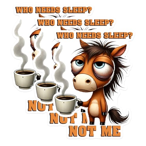 (3 Pack) Sleepy Horse Decals - Coffee Lover - Tired Horse Meme - 3 Inches On Longest Side - Easy Peel & Apply - Made in USA - 3MCS1582
