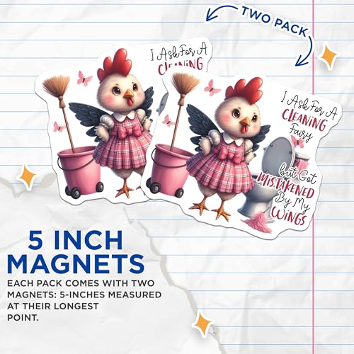(2 Pack) Chicken Cleaning Fairy Magnets - Funny Cleaning - Humorous Kitchen Magnets - 5" On Longest Side - for Cars, Fridges, Toolboxes - Made in USA - MAG4504