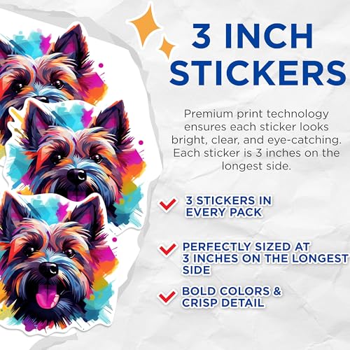 (3 Pack) Yorkshire Terrier Decals - Dog Breed Stickers - Colorful Pet Art - 3 Inches On Longest Side - Easy Peel & Apply - Made in USA - 3MCS0683