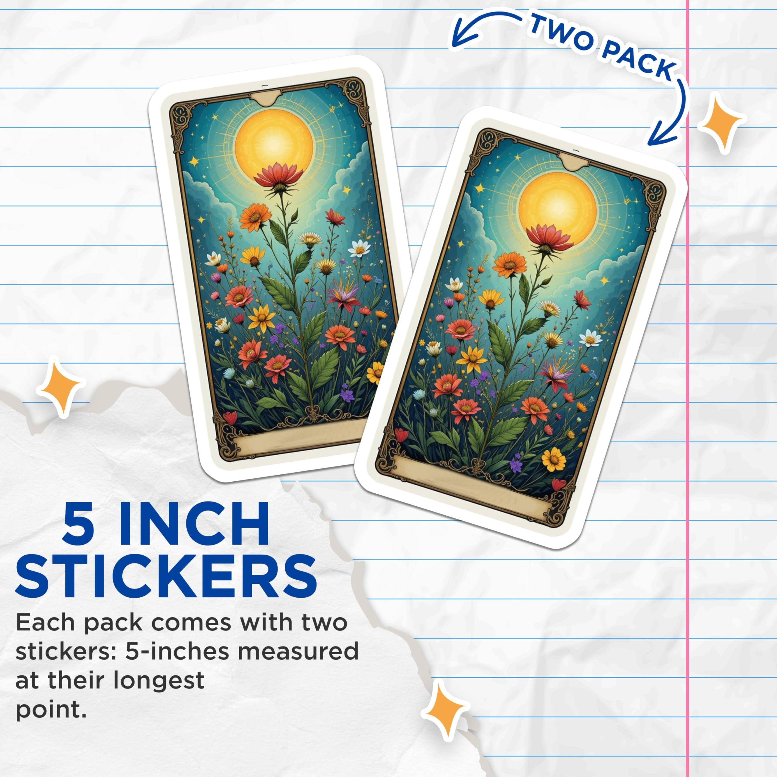 (2 Pack) Tarot Sun Card Stickers - Vibrant Floral Art - Mystical Botanical Garden - 5" On Longest Side - Sticks to Smooth Flat Surfaces - Made in USA - BMCS21090