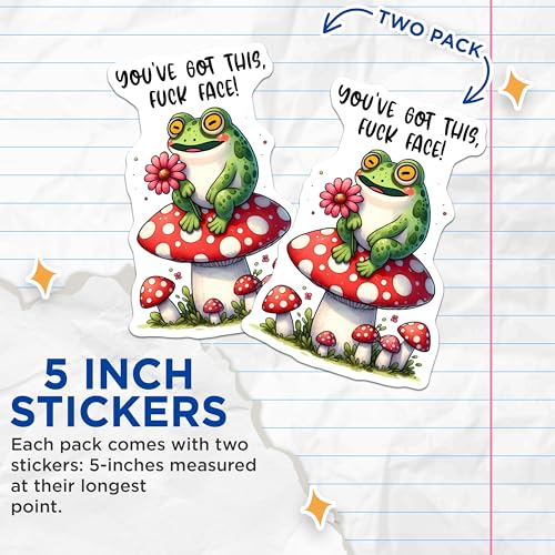 (2 Pack) You've Got This Stickers - Frog on Mushroom - Funny Encouragement Stickers - 5" On Longest Side - Sticks to Smooth Flat Surfaces - Made in USA - BMCS9681