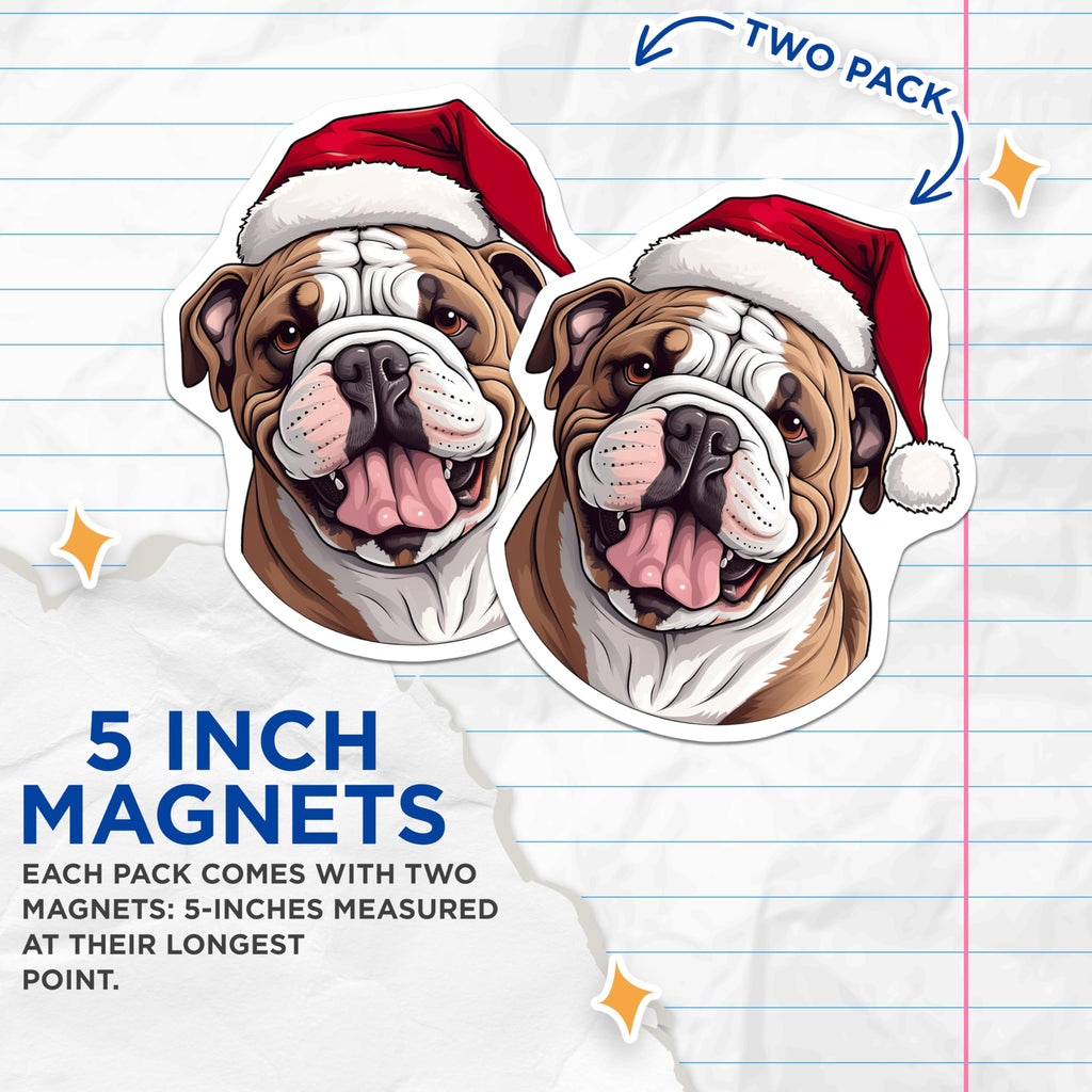 (2 Pack) Santa Bulldog Magnets - Christmas Dog Lover Decor - Festive Animal Fridge Art - 5 Inches On Longest Side - Thick Durable Magnet - Made in USA - MAG29097