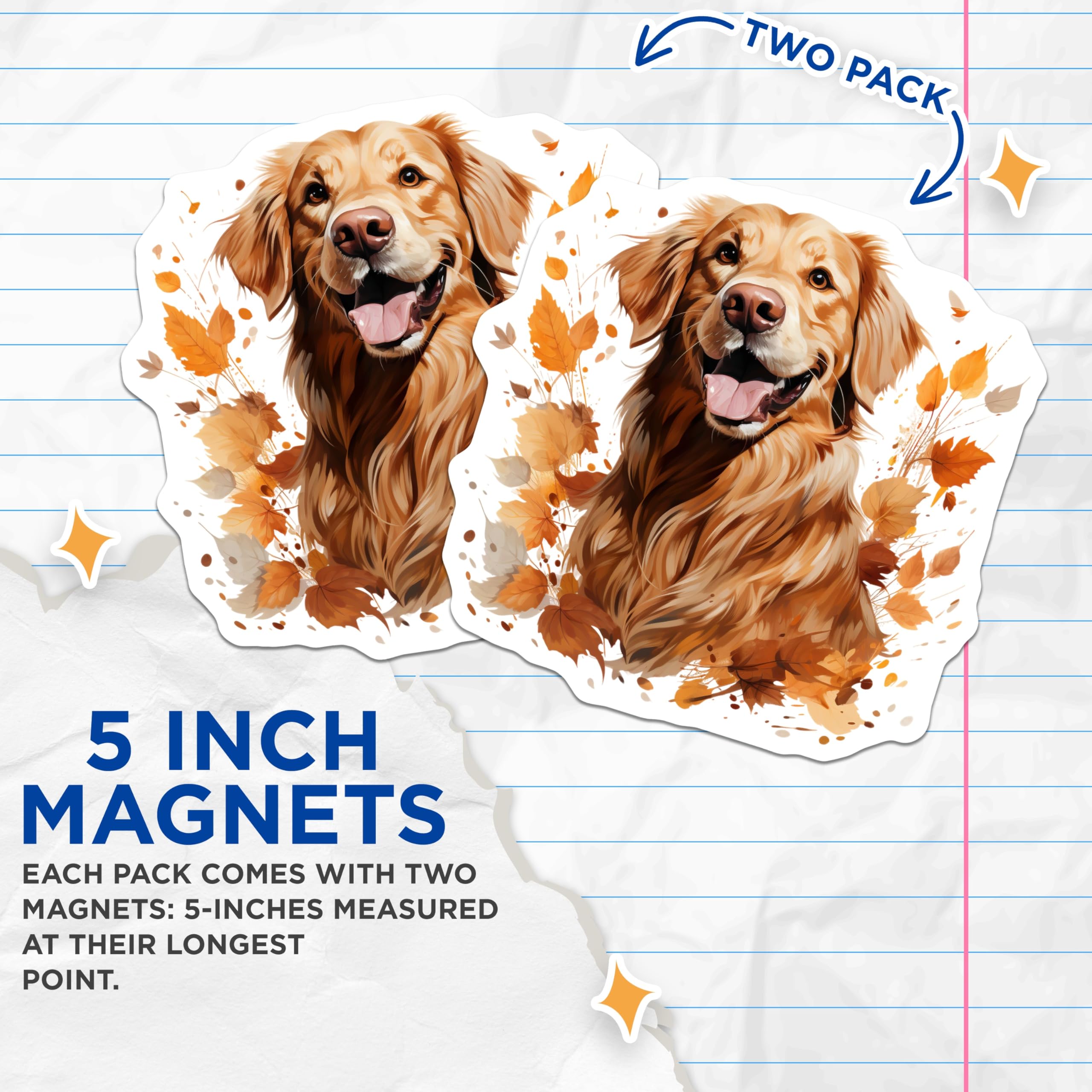 (2 Pack) Golden Retriever Magnets - Happy Fall Dog Decor - Autumn Pet Lover - Dog Mom Kitchen Fridge - 5 Inches On Longest Side - Thick Durable Magnet - Made in USA - MAG25947