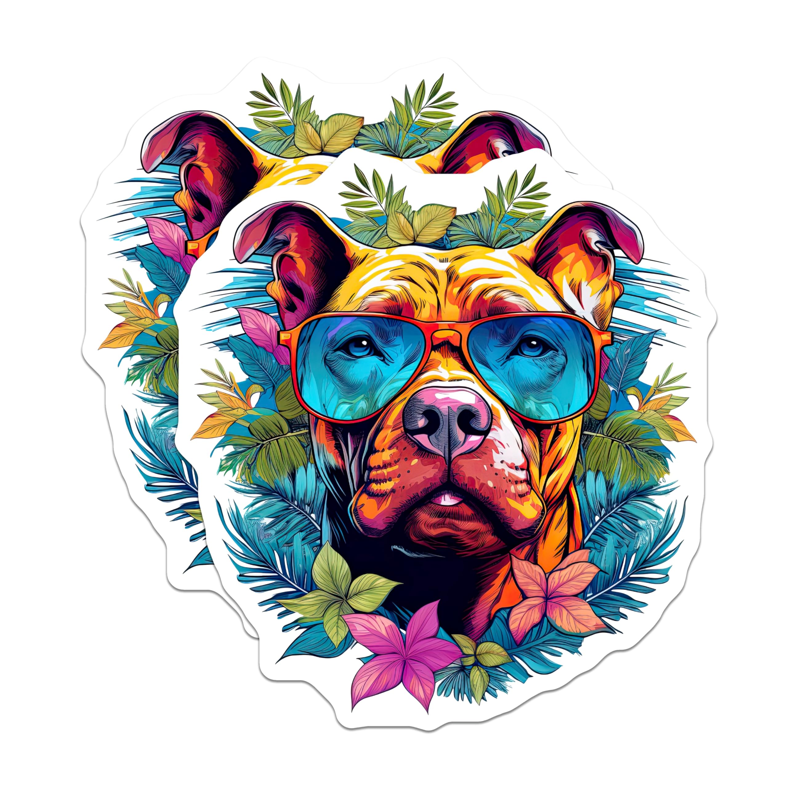 (2 Pack) Pitbull Dog Stickers - Sunglasses Tropical Art - Colorful Pittie Decals - 5" On Longest Side - Sticks to Smooth Flat Surfaces - Made in USA - BMCS20957