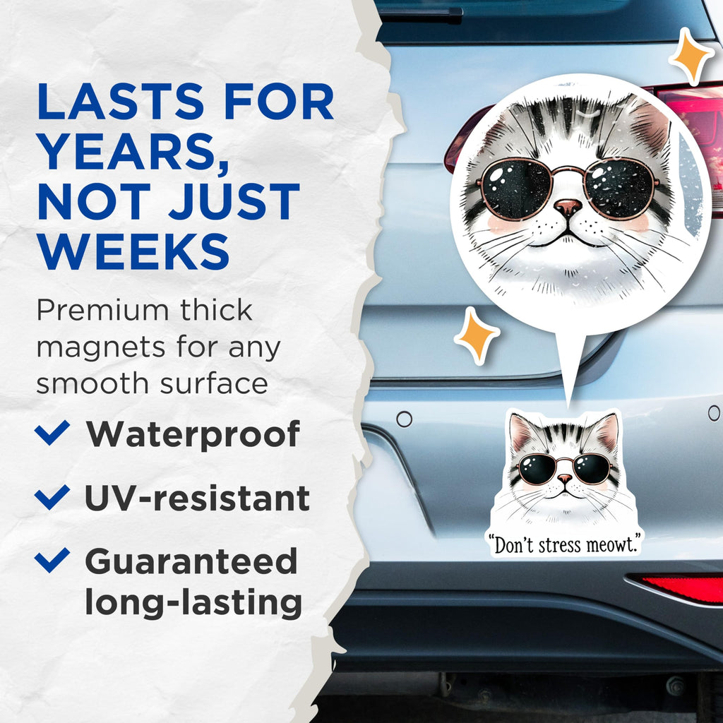 (2 Pack) Funny Cat Magnets - Don't Stress Meowt - Cool Cat Decor for Fridge - 5" On Longest Side - Premium Magnet - for Cars, Refrigerators, Toolboxes, Lockers - Made in USA - MAG15728