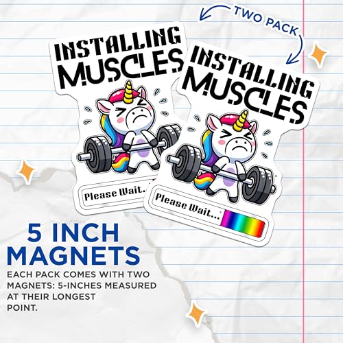 (2 Pack) Funny Unicorn Magnets - Installing Muscles Magnets - Gym Workout Humor Magnets - 5" On Longest Side - for Cars, Refrigerators, Toolboxes, Lockers - Made in USA MAG3600