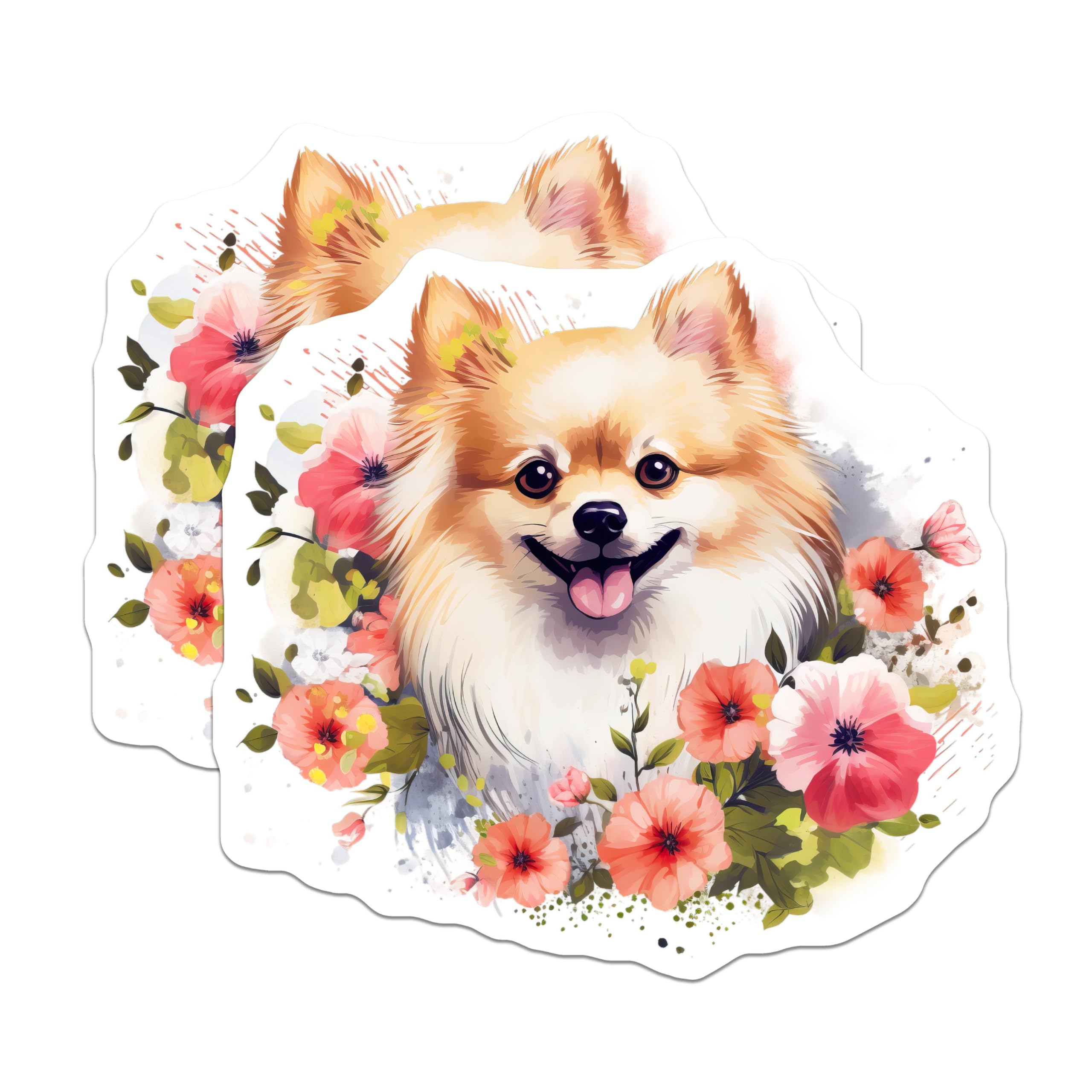 (2 Pack) Pomeranian Magnets - Happy Fluffy Dog Decor - Floral Puppy Art Refrigerator Magnet - 5 Inches On Longest Side - Thick Durable Magnet - Made in USA - MAG24474