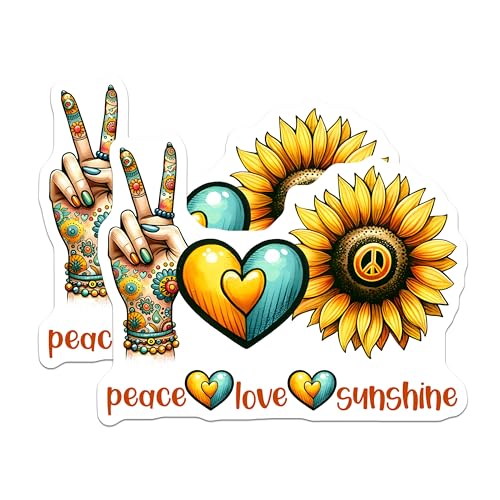 (2 Pack) Peace Love Sunshine Stickers - Retro Flower Power - Hippie Vibes - 5" On Longest Side - Sticks to Smooth Flat Surfaces - Made in USA - BMCS7979