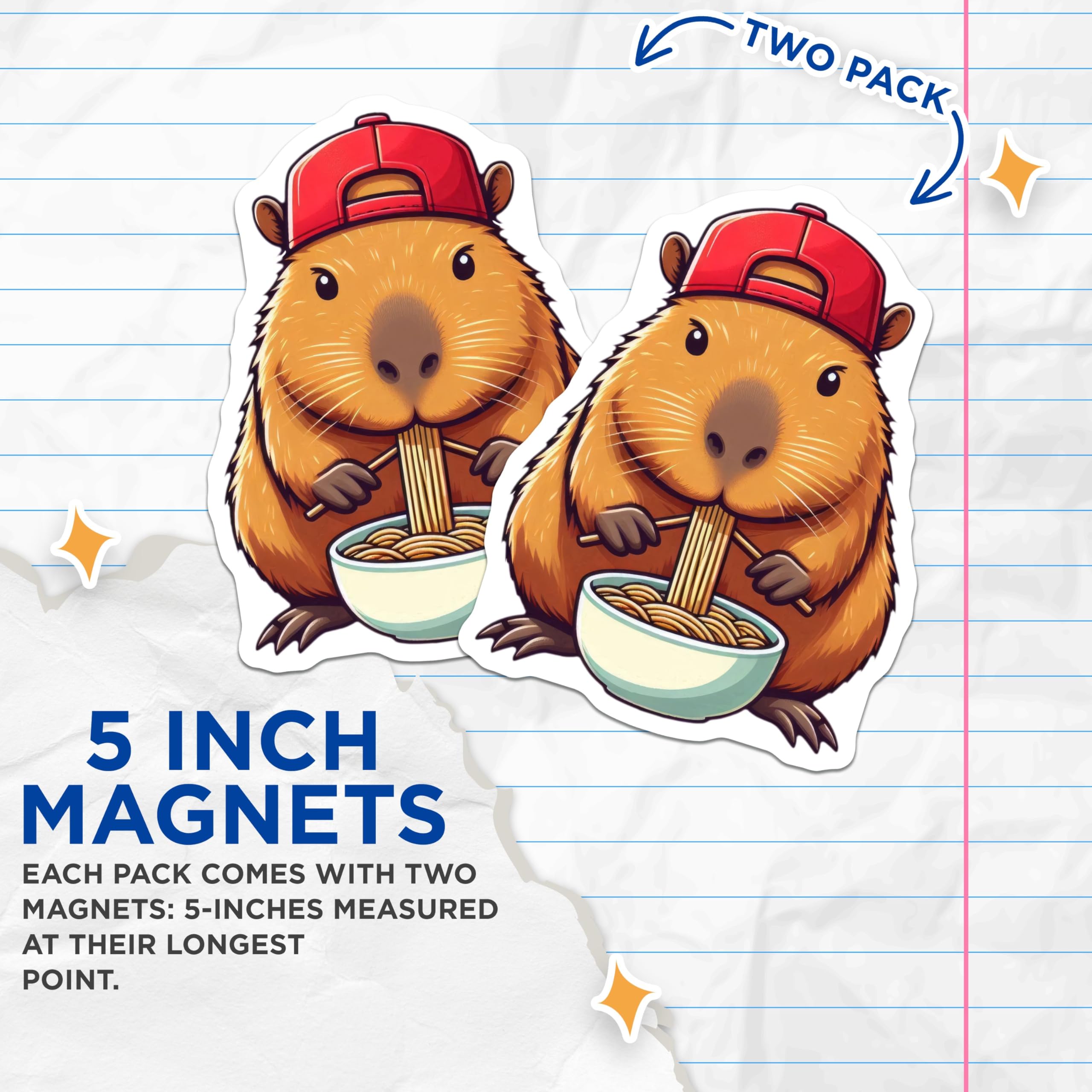 (2 Pack) Capybara Eating Noodles Magnet - 5" On Longest Side - Sticks to Smooth Flat Surfaces - Made in USA - MAG9902