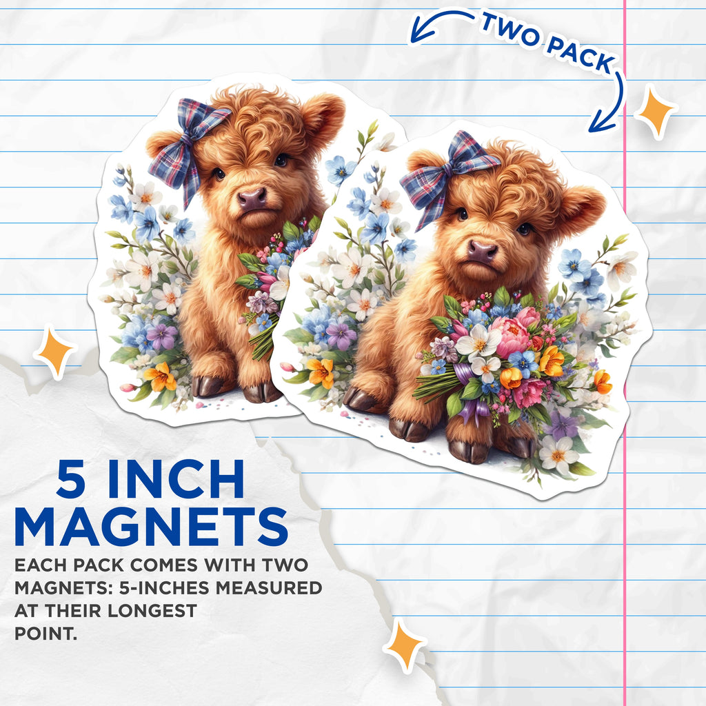 (2 Pack) Cute Highland Cow Magnets - Whimsical Baby Calf Decor - Floral Farmhouse Refrigerator Art - 5 Inches On Longest Side - Thick Durable Magnet - Made in USA - MAG39605