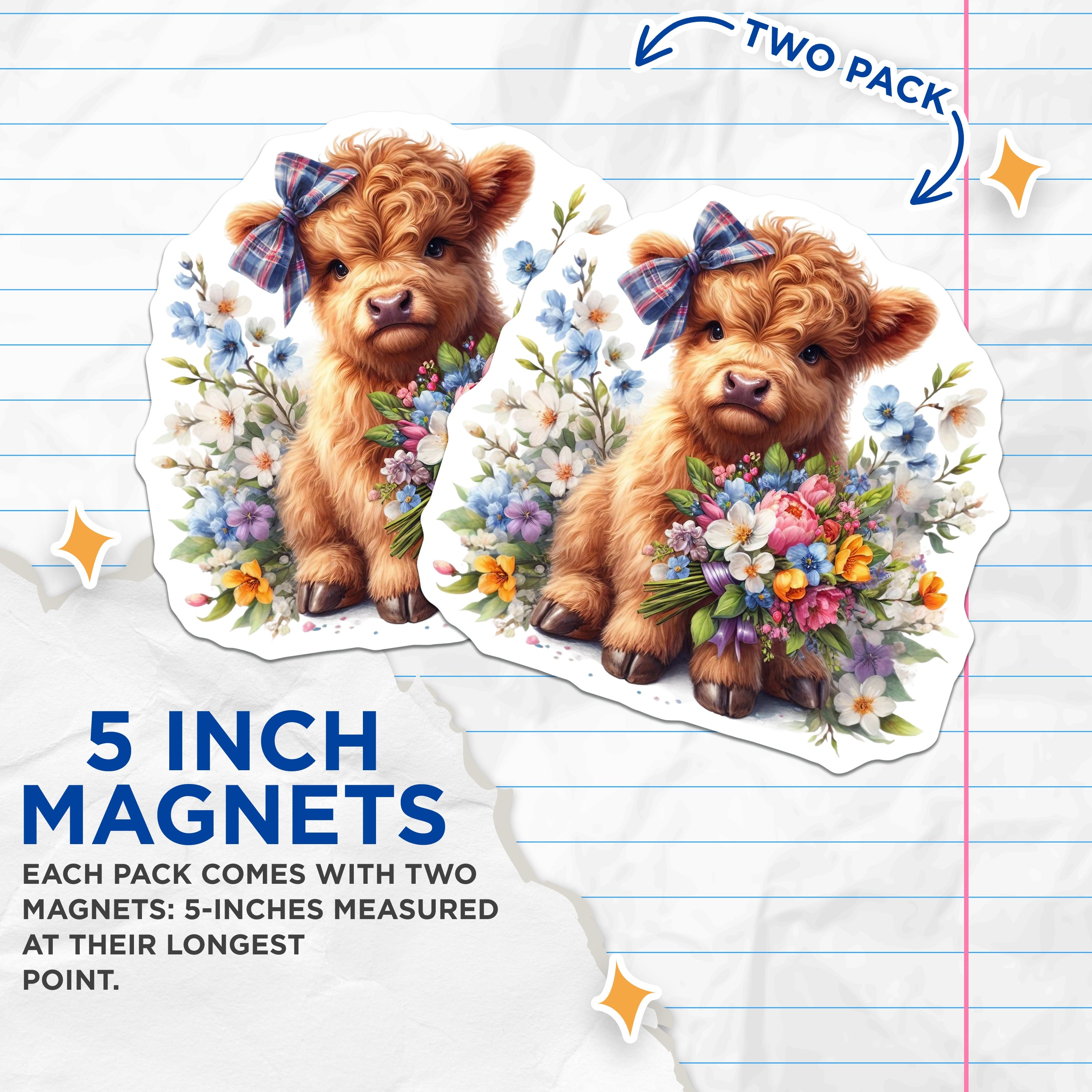(2 Pack) Cute Highland Cow Magnets - Whimsical Baby Calf Decor - Floral Farmhouse Refrigerator Art - 5 Inches On Longest Side - Thick Durable Magnet - Made in USA - MAG39605