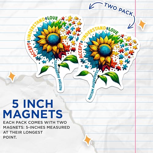 (2 Pack) Autism Awareness Magnets - Accept Understand Love Magnets - Colorful Puzzle Piece Magnets - 5" On Longest Side - for Cars, Refrigerators, Toolboxes, Lockers - Made in USA MAG3572