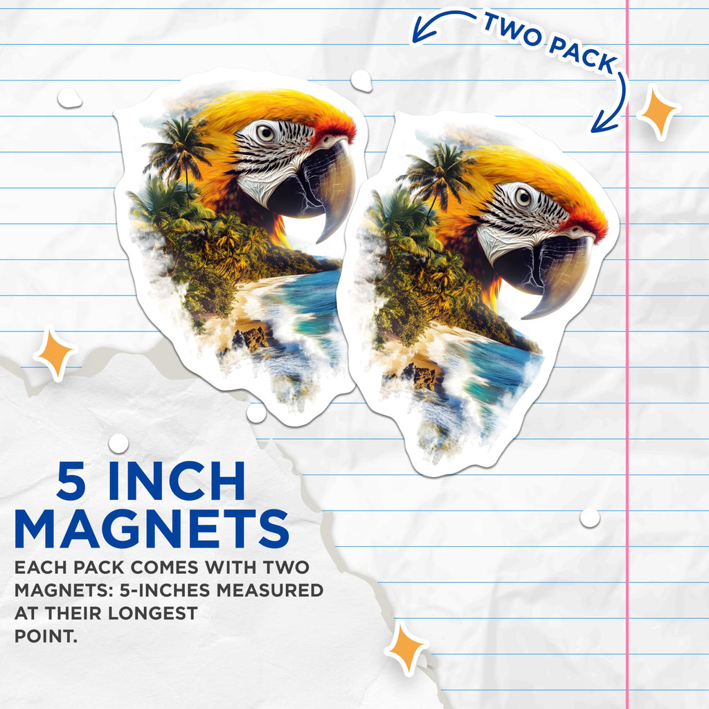 (2 Pack) Macaw Magnets - Tropical Beach Scene - Bird Lover Refrigerator Decor - 5" On Longest Side - Premium Magnet - for Cars, Refrigerators, Toolboxes, Lockers - Made in USA - MAG15878