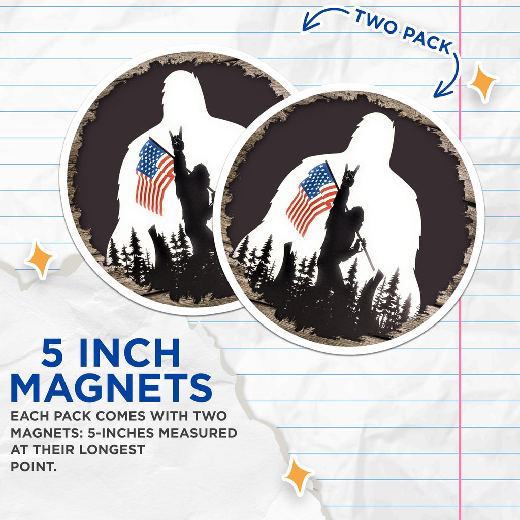 (2 Pack) Bigfoot Magnets - Sasquatch American Flag Design - Patriotic Cryptid Fridge - USA Wilderness Decor - 5 Inches On Longest Side - Thick Durable Magnet - Made in USA - MAG24431