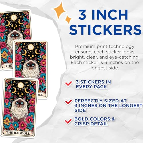 (3 Pack) Ragdoll Cat Decals - Floral Cat - Tarot Card Stickers - 3 Inches On Longest Side - Easy Peel & Apply - Made in USA - 3MCS0117