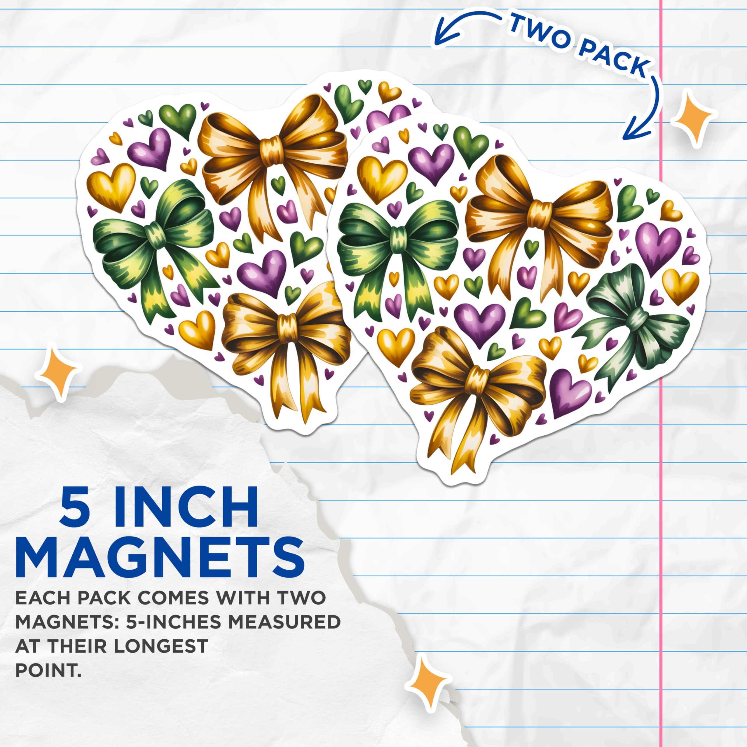 (2 Pack) Mardi Gras Heart Bows Magnets - Festive Celebration Decor - Love Kitchen Accents - 5 Inches On Longest Side - Thick Durable Magnet - Made in USA - MAG28824
