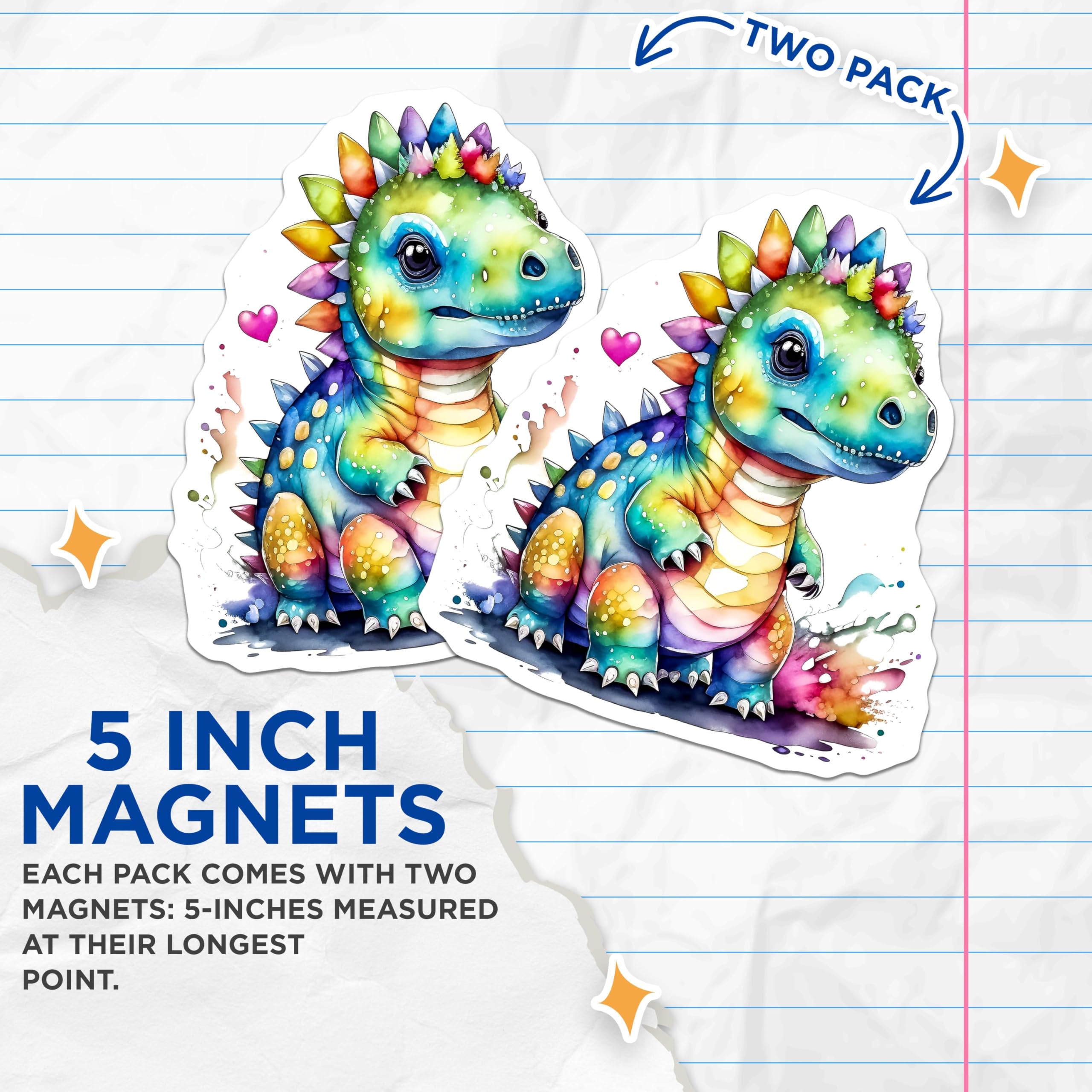 (2 Pack) Rainbow Dinosaur Magnets - Cute Dino Decor - Refrigerator Magnets - 5" On Longest Side - Premium Magnet - for Cars, Refrigerators, Toolboxes, Lockers - Made in USA - MAG15698