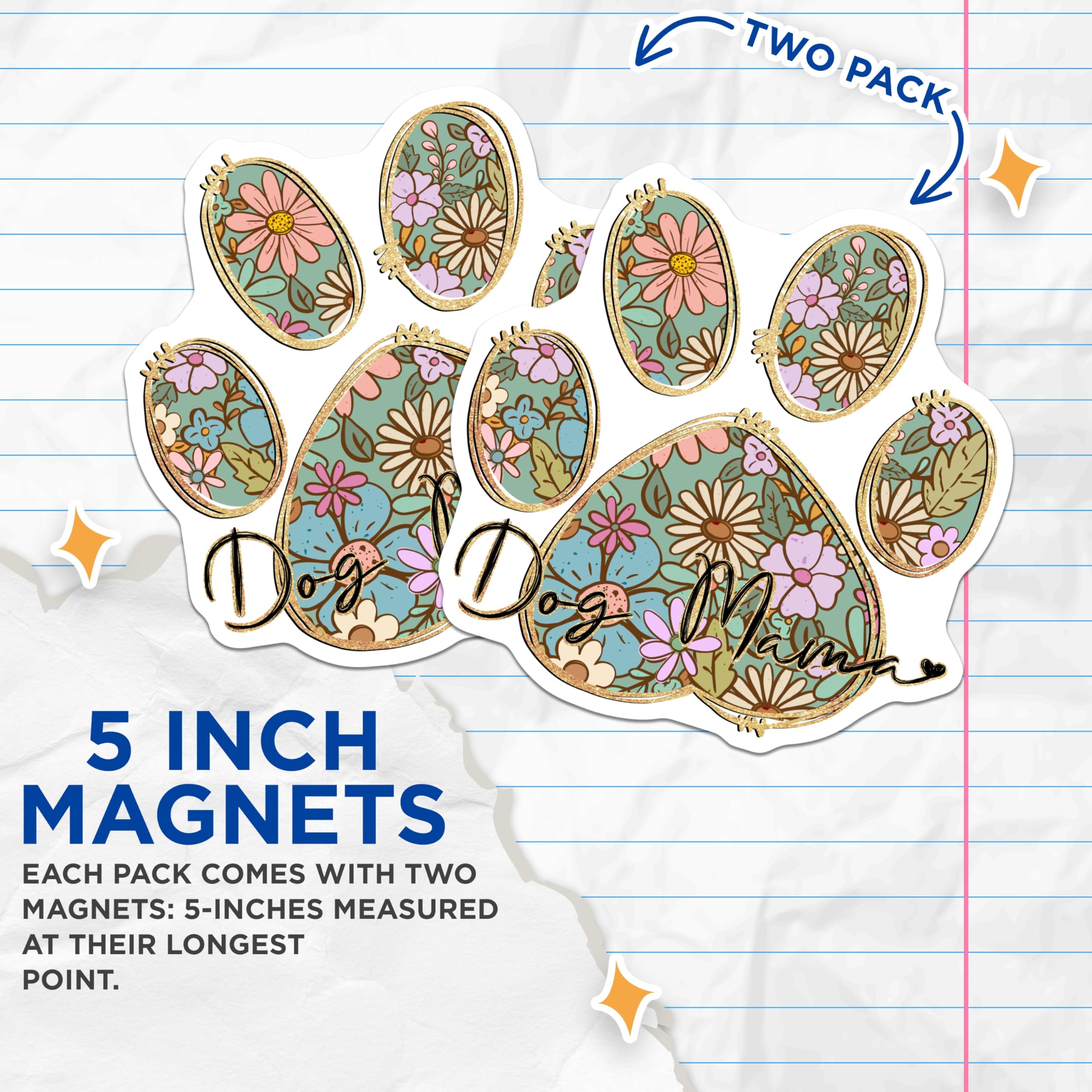 (2 Pack) Dog Mama Magnets - Floral Paw Print - Boho Pet Lover Aesthetic - 5 Inches On Longest Side - Thick Durable Magnet - Made in USA - MAG22182