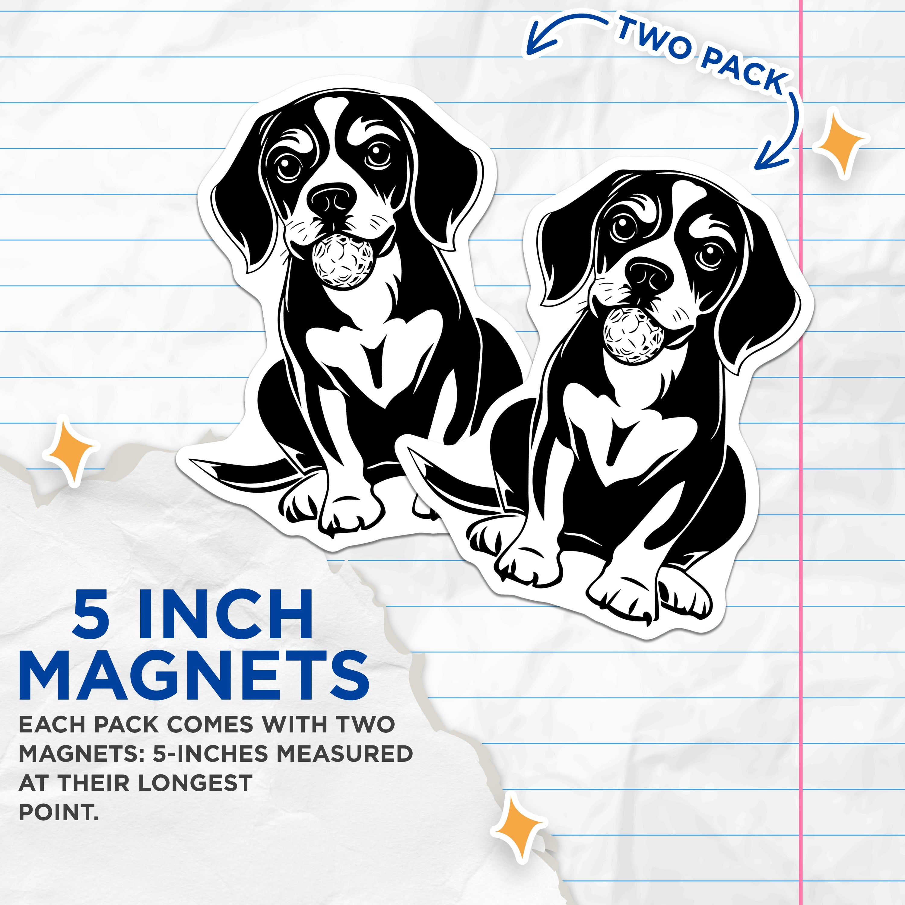 (2 Pack) Beagle Dog with Ball Magnets - Playful Puppy Animal Art - Dog Lover Decor for Pet Owners - 5 Inches On Longest Side - Thick Durable Magnet - Made in USA - MAG36691