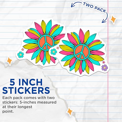 (2 Pack) Peace Sign Flower Stickers - Colorful Hippie Flower - Retro Peace Symbols - 5" On Longest Side - Sticks to Smooth Flat Surfaces - Made in USA - BMCS9111