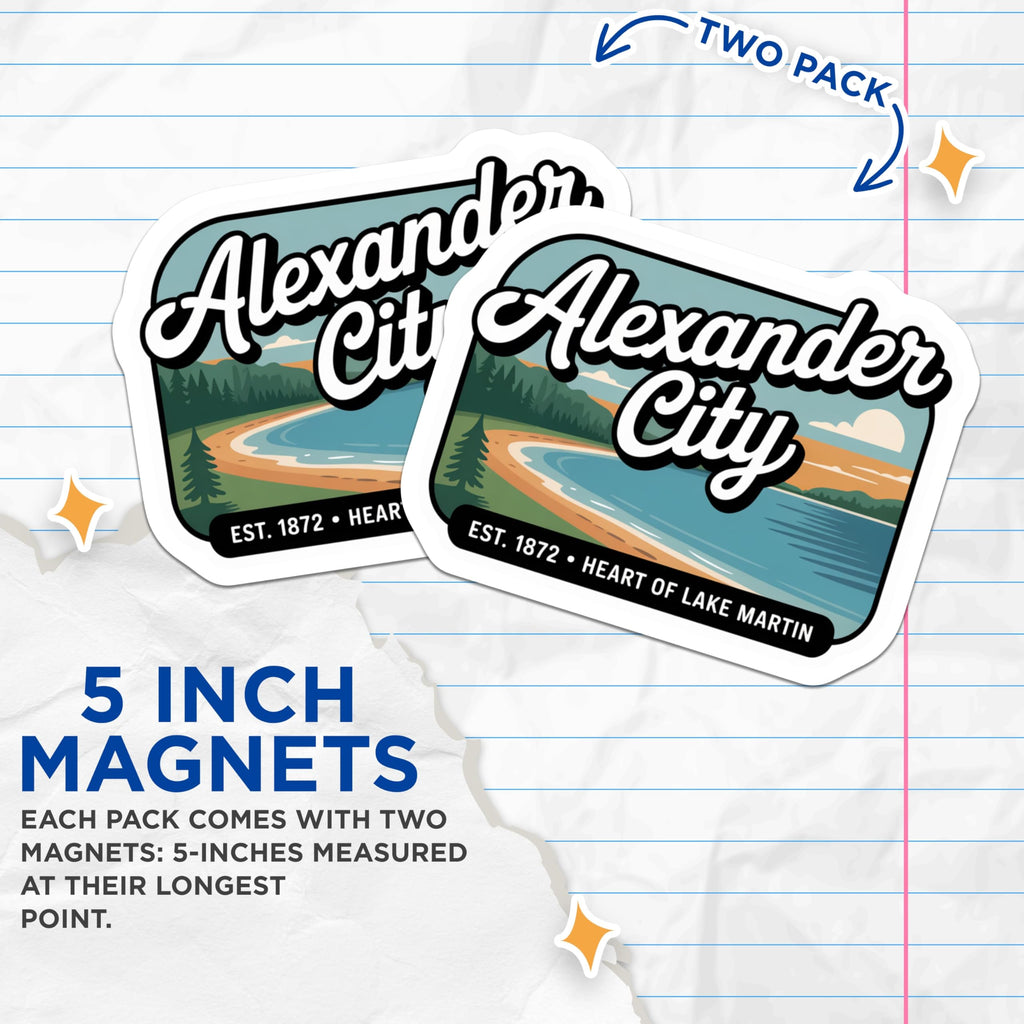 (2 Pack) Alexander City Magnets - Lake Martin Decor - Alabama Souvenir - 5" On Longest Side - Premium Magnet - for Cars, Refrigerators, Toolboxes, Lockers - Made in USA - MAG17634
