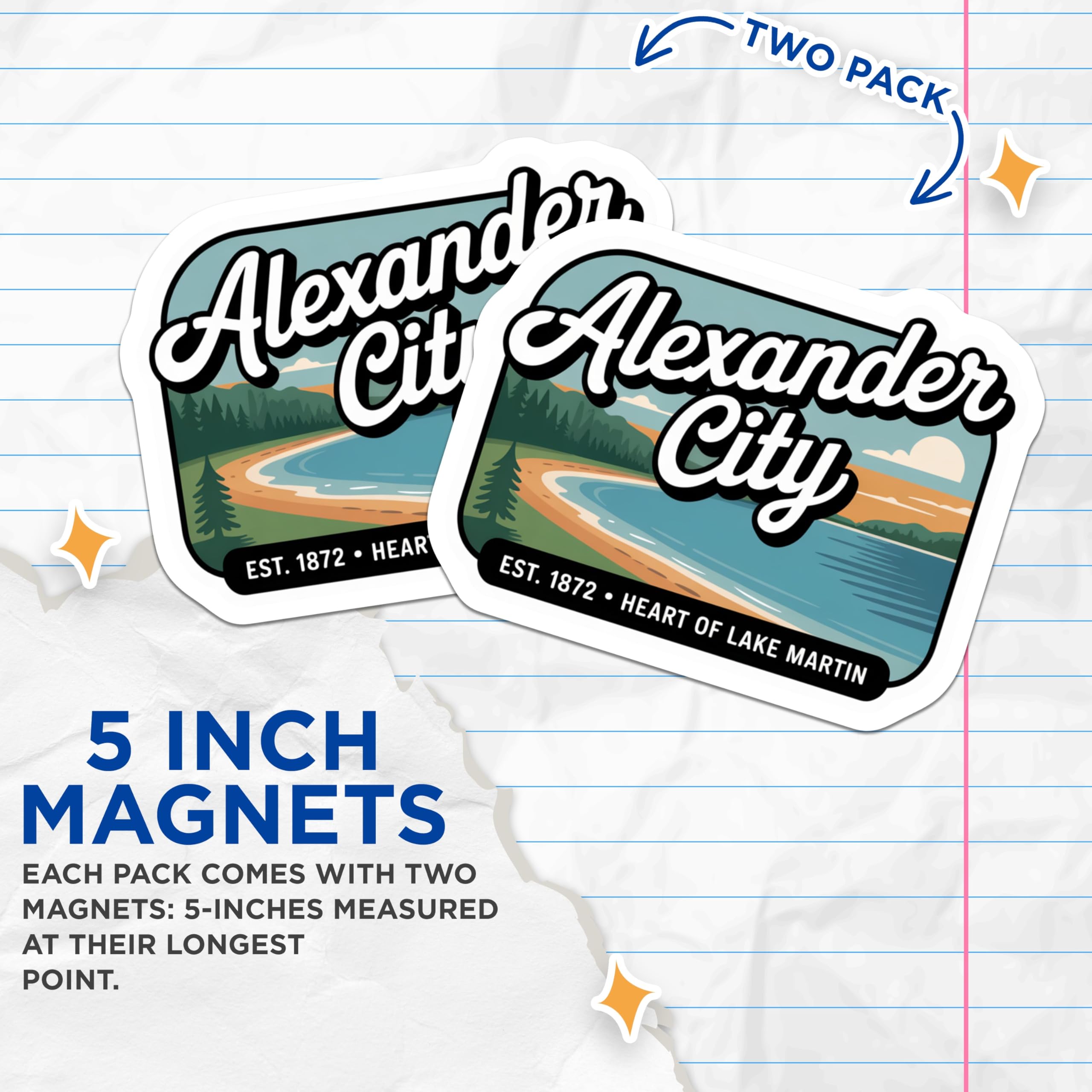 (2 Pack) Alexander City Magnets - Lake Martin Decor - Alabama Souvenir - 5" On Longest Side - Premium Magnet - for Cars, Refrigerators, Toolboxes, Lockers - Made in USA - MAG17634