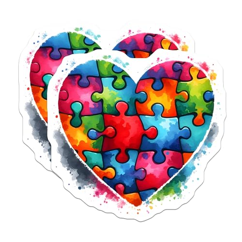 (2 Pack) Heart Puzzle Pieces Stickers - Colorful Heart Shape - Autism Awareness Design - 5" On Longest Side - Sticks to Smooth Flat Surfaces - Made in USA - BMCS8120