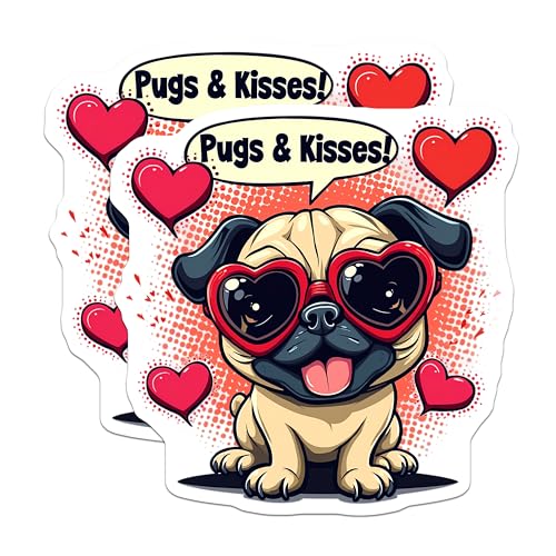 (2 Pack) Pugs and Kisses Stickers - Cute Dog Decal - Heart Sunglasses Sticker Set - 5" On Longest Side - Sticks to Smooth Flat Surfaces - Made in USA - BMCS4656