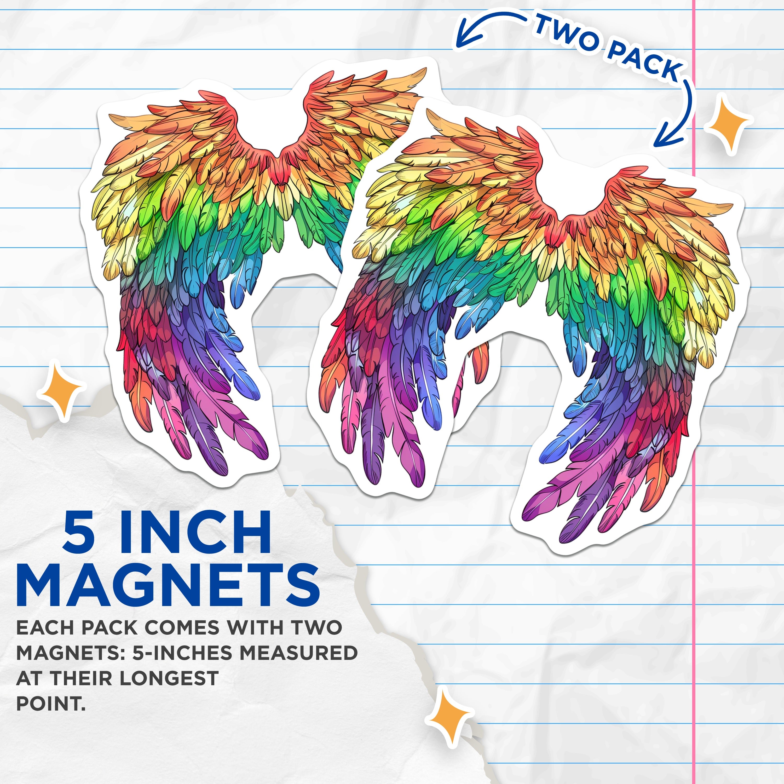 (2 Pack) Rainbow Wings Magnets - Pride Flag Art Decor - LGBTQIA Ally Accessory - Vibrant Fantasy Fridge - 5 Inches On Longest Side - Thick Durable Magnet - Made in USA - MAG37839