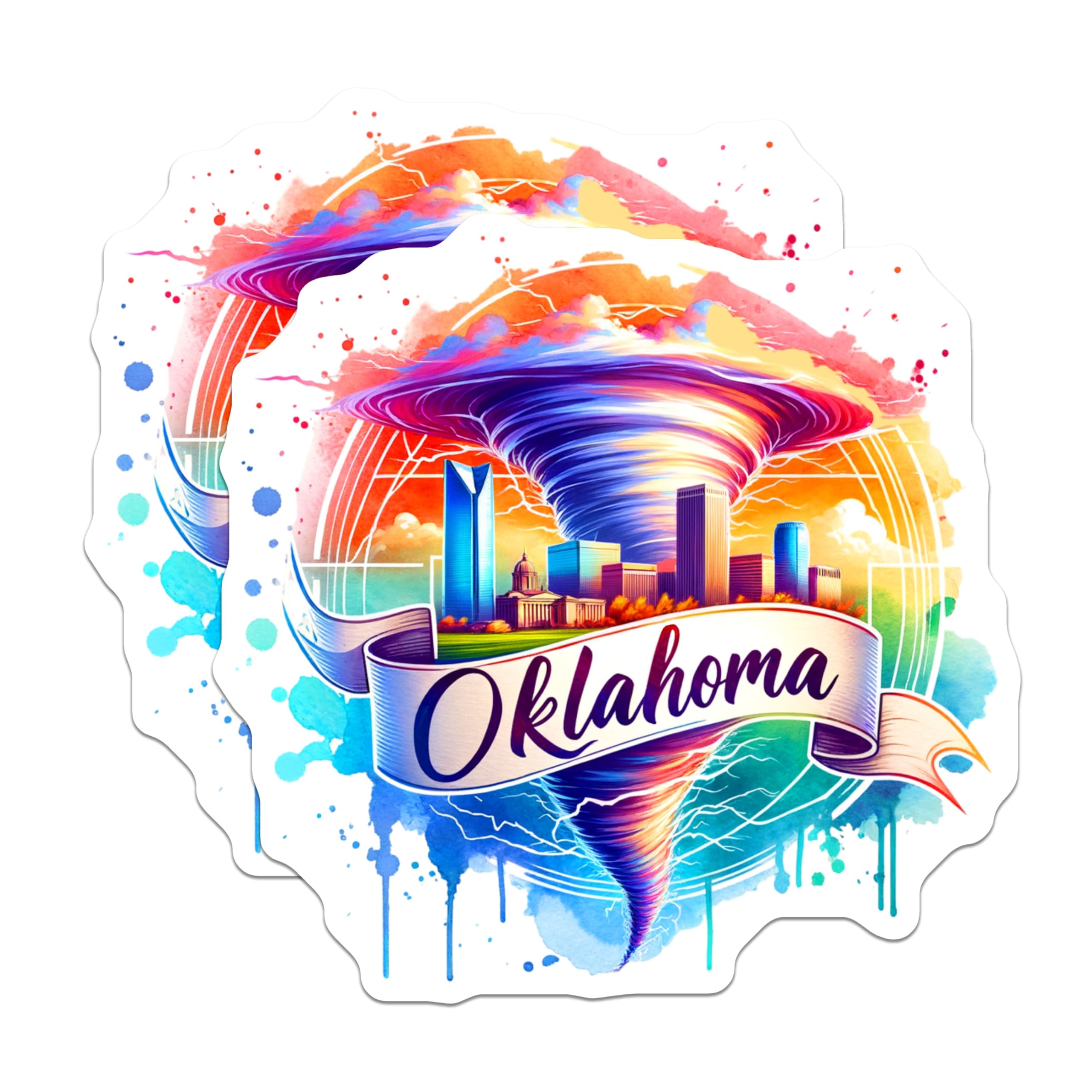 (2 Pack) Oklahoma City Stickers - Tornado Art - Colorful Cityscape Decals - 5" On Longest Side - Sticks to Smooth Flat Surfaces - Made in USA - BMCS6548