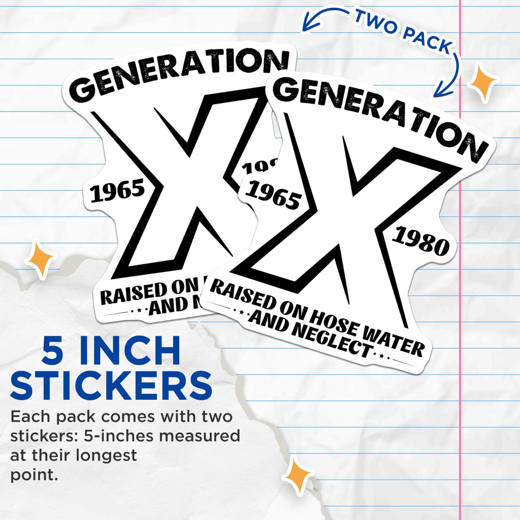 (2 Pack) Generation X Stickers - 1965 to 1980 Era Stickers - Nostalgic Generation X Decals - Retro Gen X Sticker Pack - 5" On Longest Side - Sticks to Smooth Flat Surfaces - Made in USA - BMCS5116