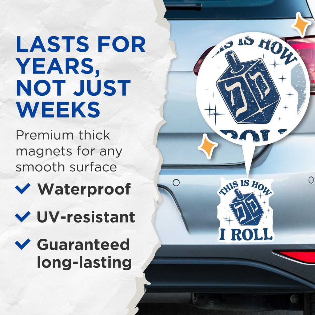 (2 Pack) Dreidel Magnets - Hanukkah Decor - This is How I Roll Magnets - 5" On Longest Side - Premium Magnet - for Cars, Refrigerators, Toolboxes, Lockers - Made in USA - MAG15979