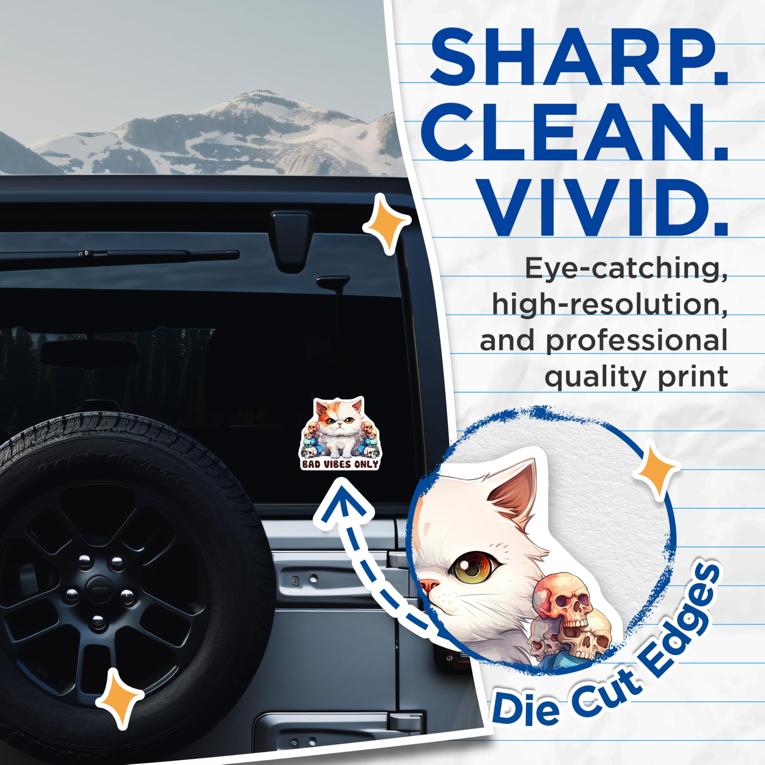(2 Pack) Bad Vibes Cat Stickers - Skull Kitty Decal - Funny Feline Meme - 5" On Longest Side - Sticks to Smooth Flat Surfaces - Made in USA - BMCS15273