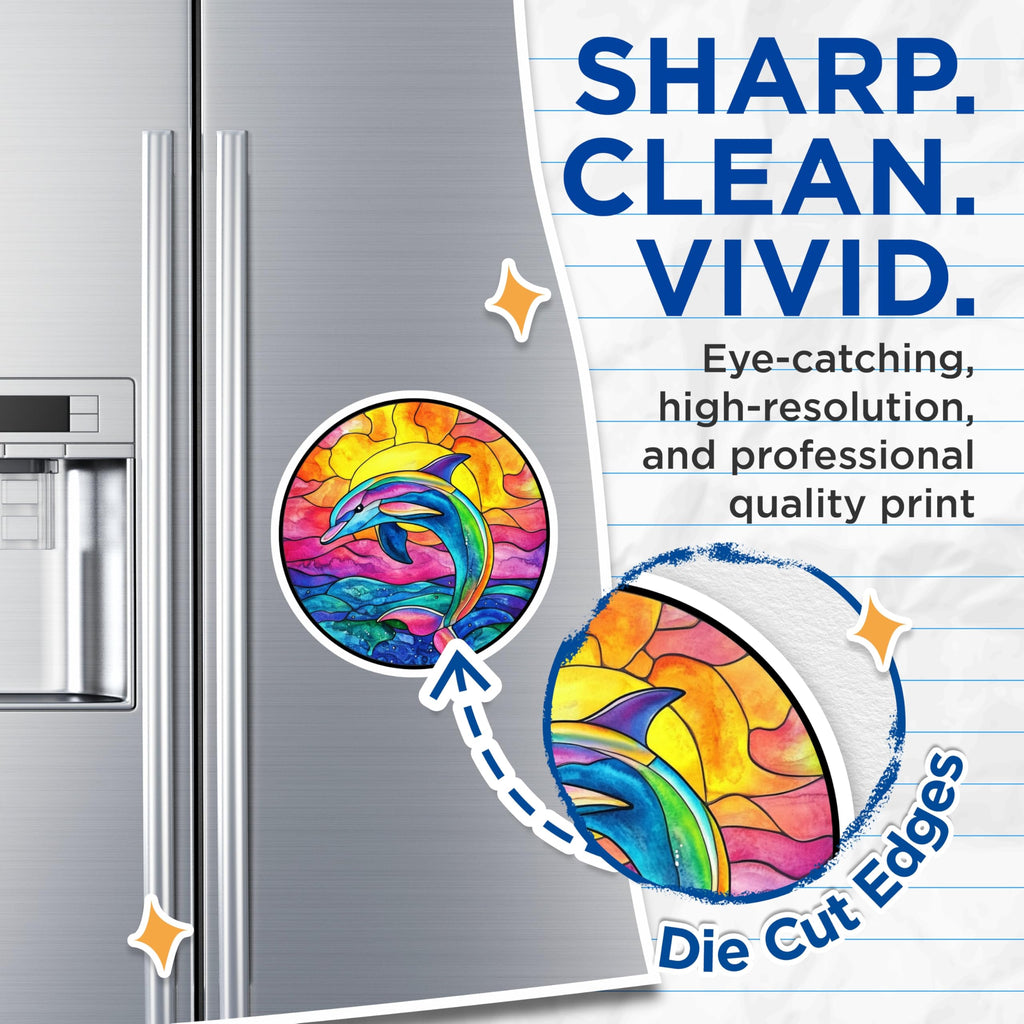 (2 Pack) Stained Glass Dolphin Magnets - Vibrant Ocean Art - Marine Life Decor for Kitchen Fridge - 5 Inches On Longest Side - Thick Durable Magnet - Made in USA - MAG29143