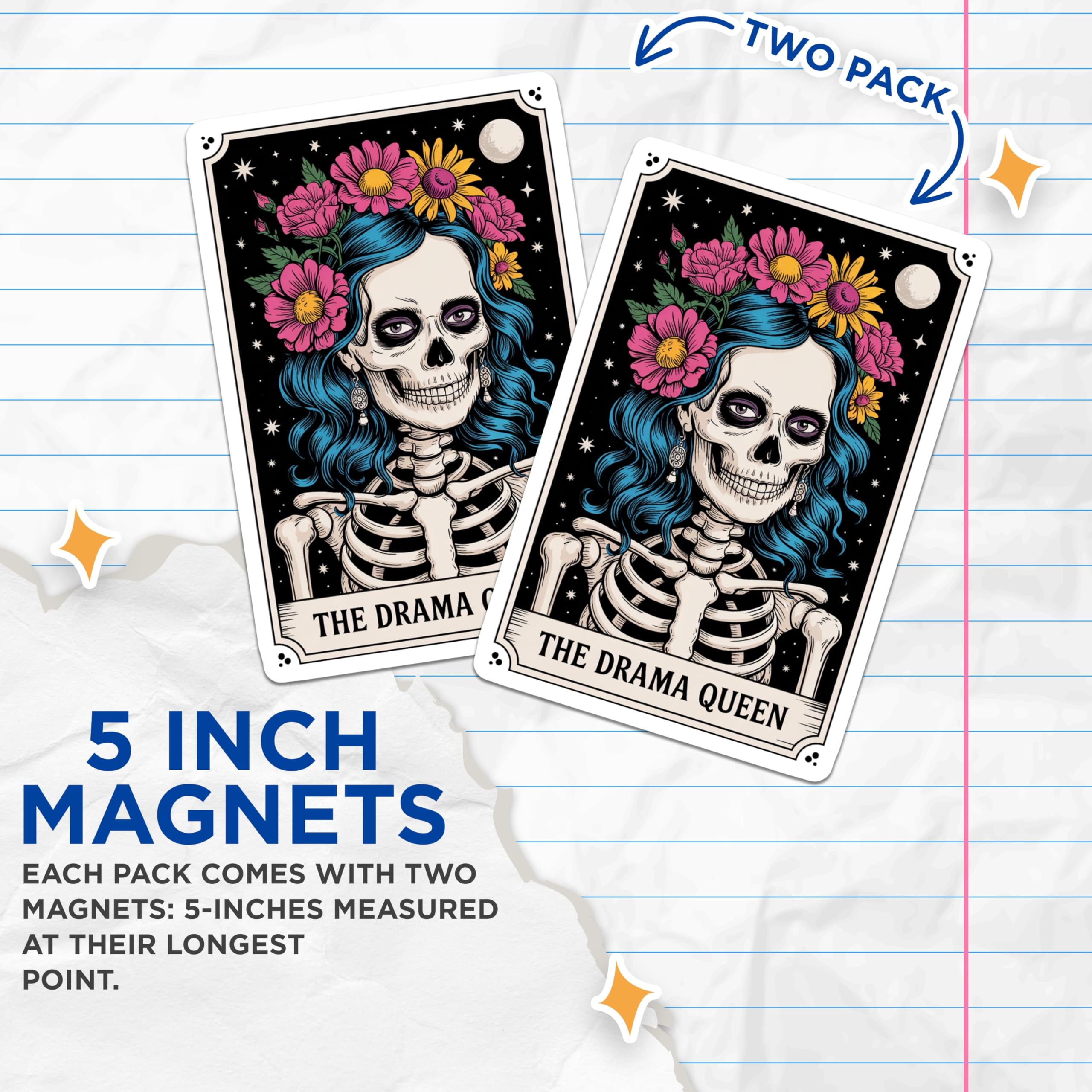 (2 Pack) Drama Queen Skeleton Magnets - Floral Blue Hair Day of the Dead - Gothic Tarot Card Art Fridge Decor - 5 Inches On Longest Side - Thick Durable Magnet - Made in USA - MAG20965
