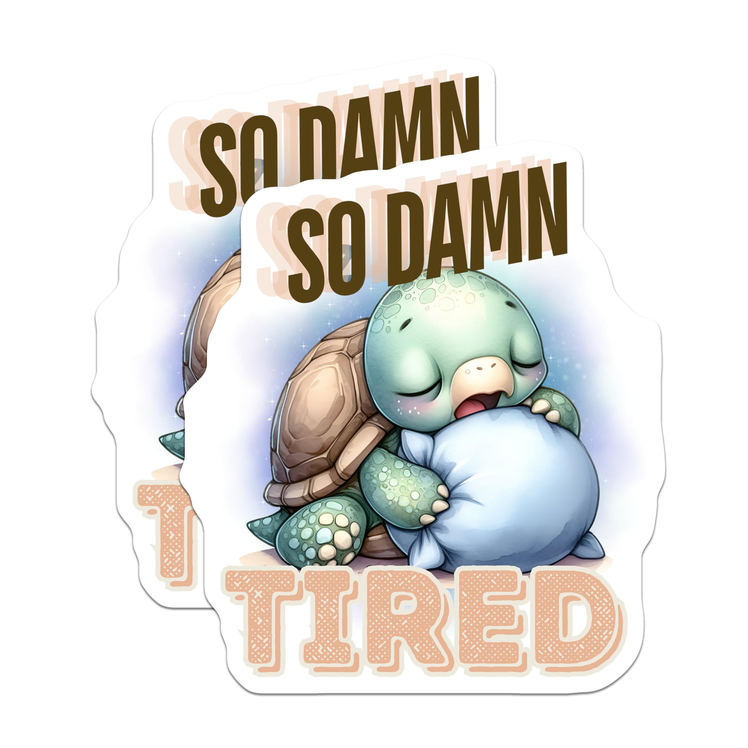 (2 Pack) So Damn Tired Stickers - Adorable Turtle - Cute Sleepy Animals - 5" On Longest Side - Sticks to Smooth Flat Surfaces - Made in USA - BMCS5943