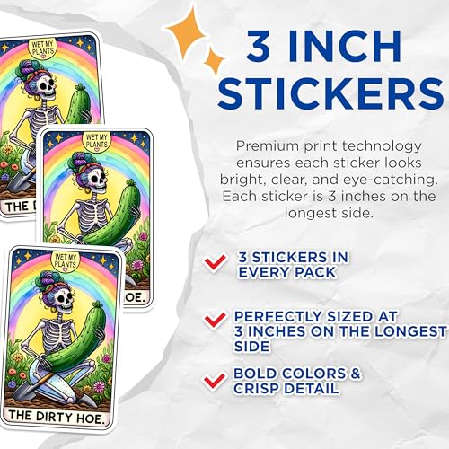 (3 Pack) Dirty Hoe Tarot Decals - Funny Skeleton - Plant Lover Gifts - Laptop Decal - 3 Inches On Longest Side - Easy Peel & Apply - Made in USA - 3MCS1334