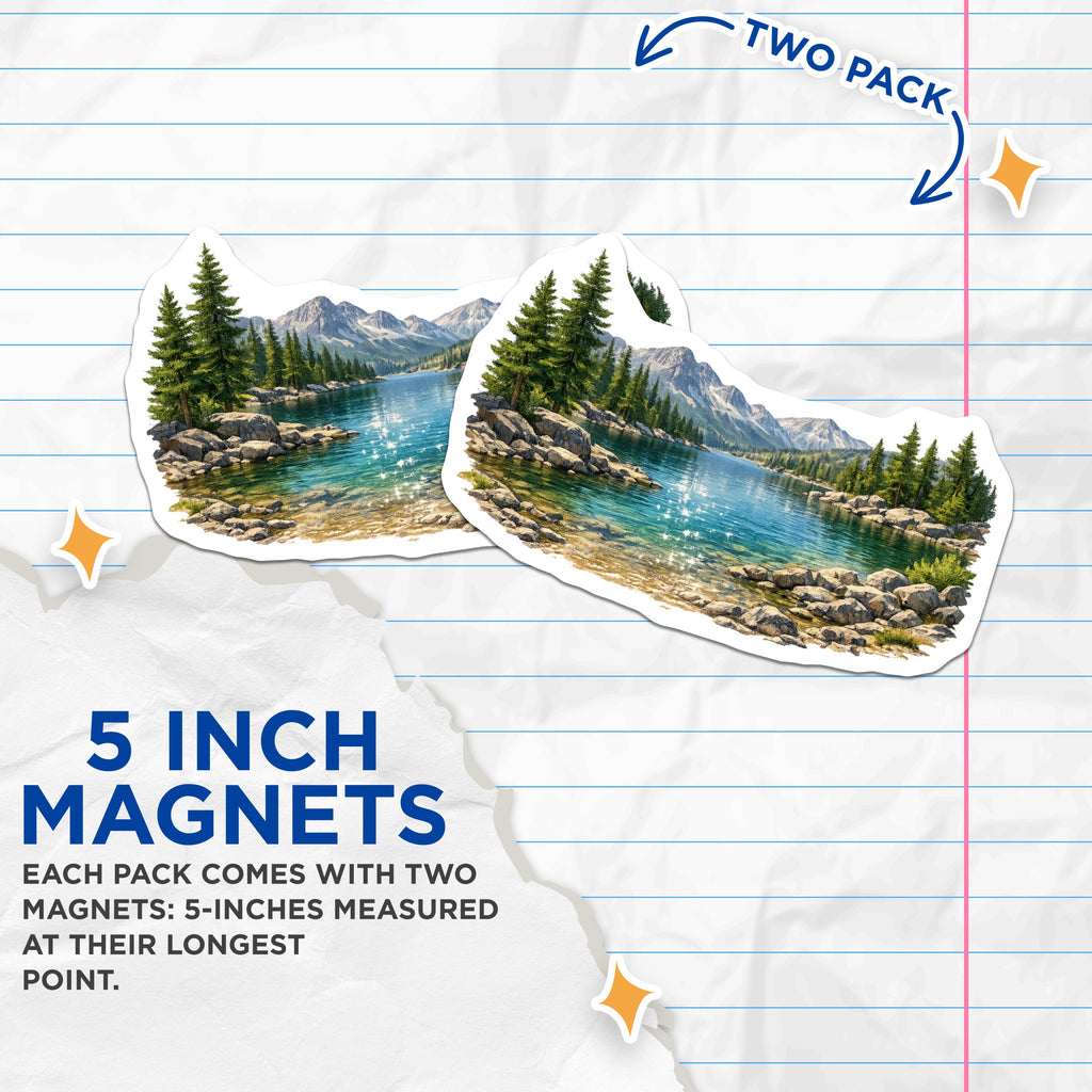 (2 Pack) Mountain Lake Landscape Magnets - Pine Forest Scene - Nature Refrigerator Decor - 5 Inches On Longest Side - Thick Durable Magnet - Made in USA - MAG39621