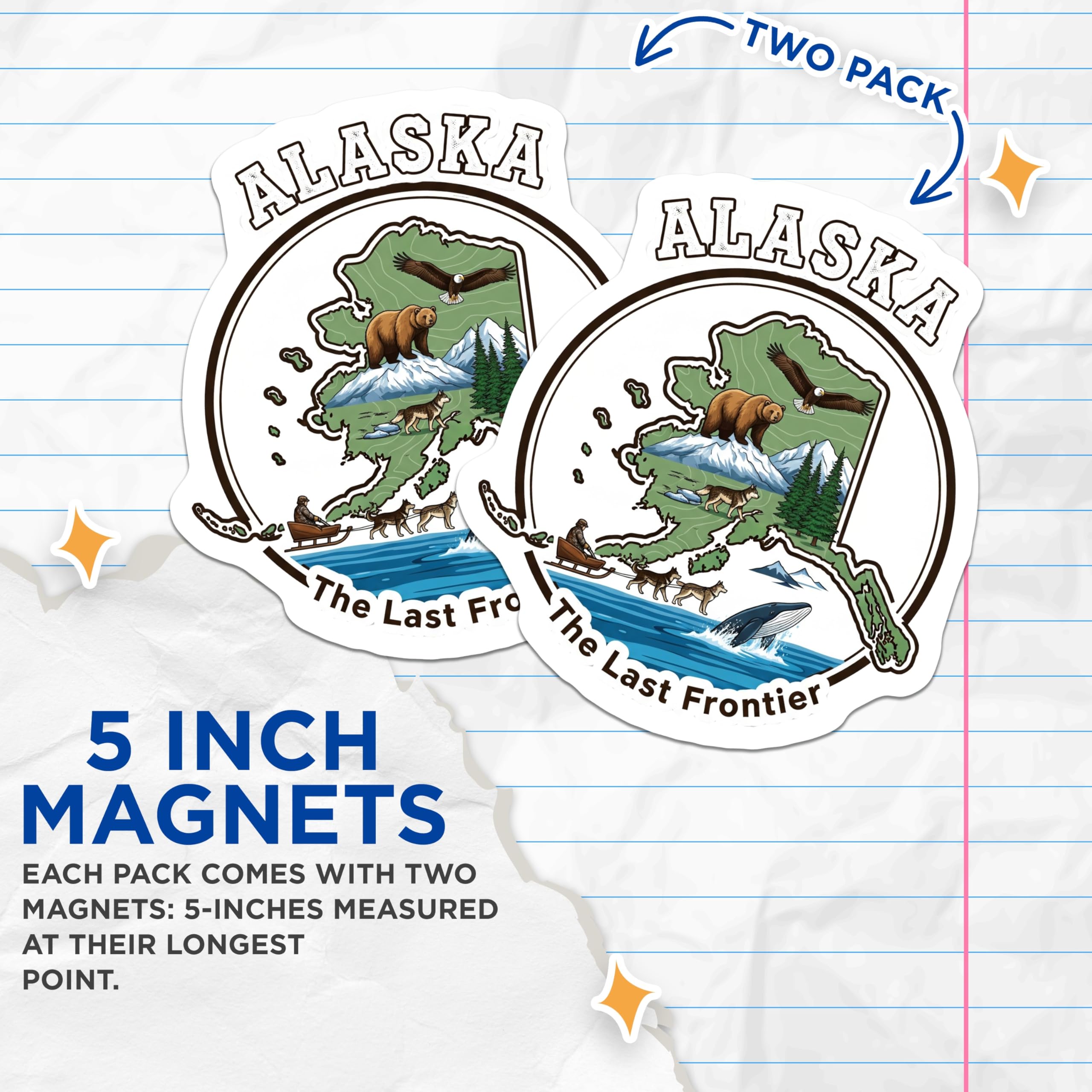 (2 Pack) Alaska Magnets - The Last Frontier Decor - Alaskan Souvenir Fridge Magnets - 5" On Longest Side - Premium Magnet - for Cars, Refrigerators, Toolboxes, Lockers - Made in USA - MAG18527